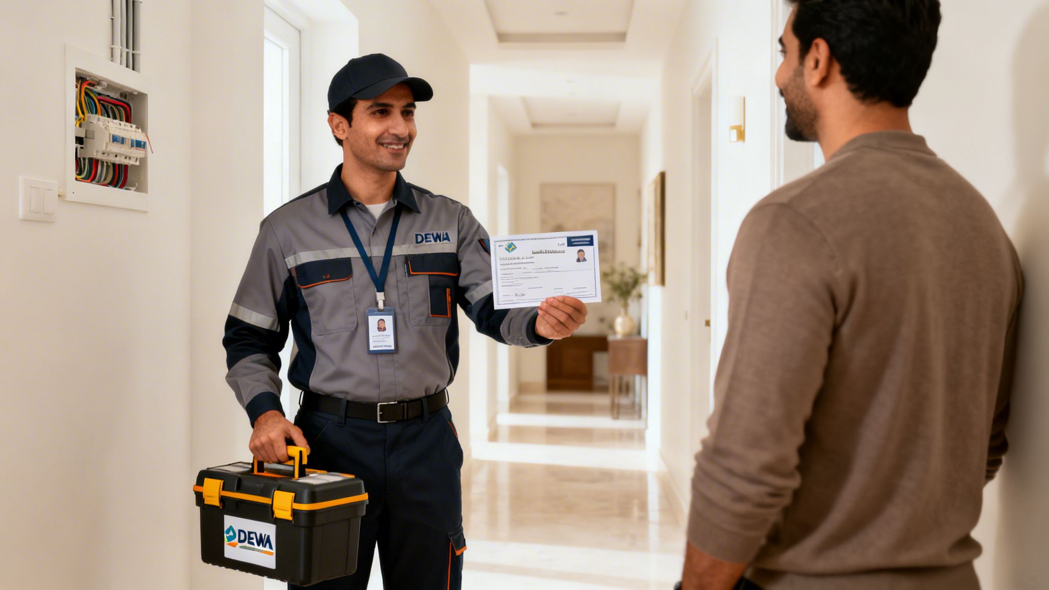 A DEWA electrician shows his ID to a customer, ready for electrical work in a modern home.