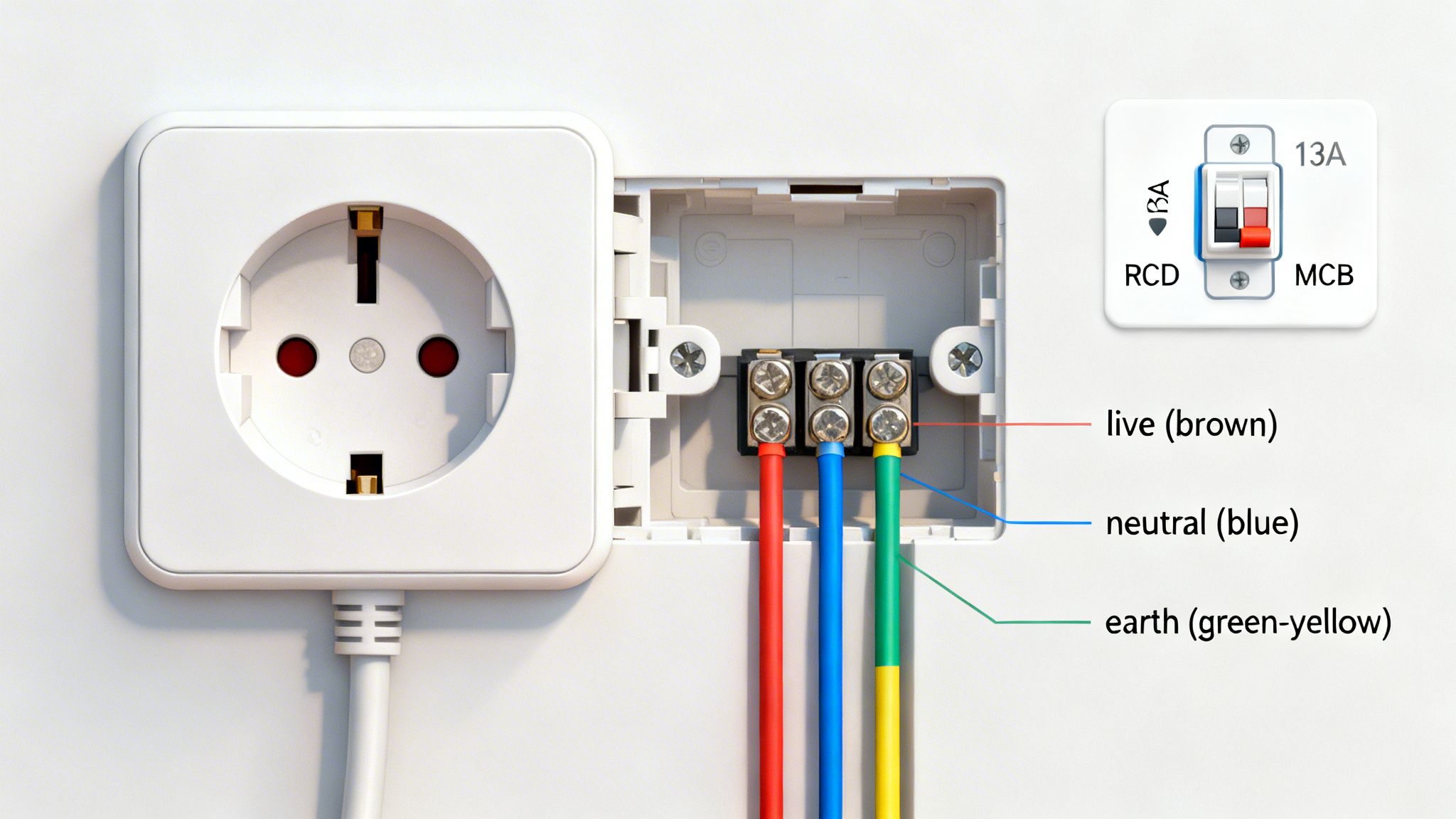 Electrical outlet wiring diagram showing live (brown), neutral (blue), earth (green-yellow) wires, and an RCD/MCB switch.