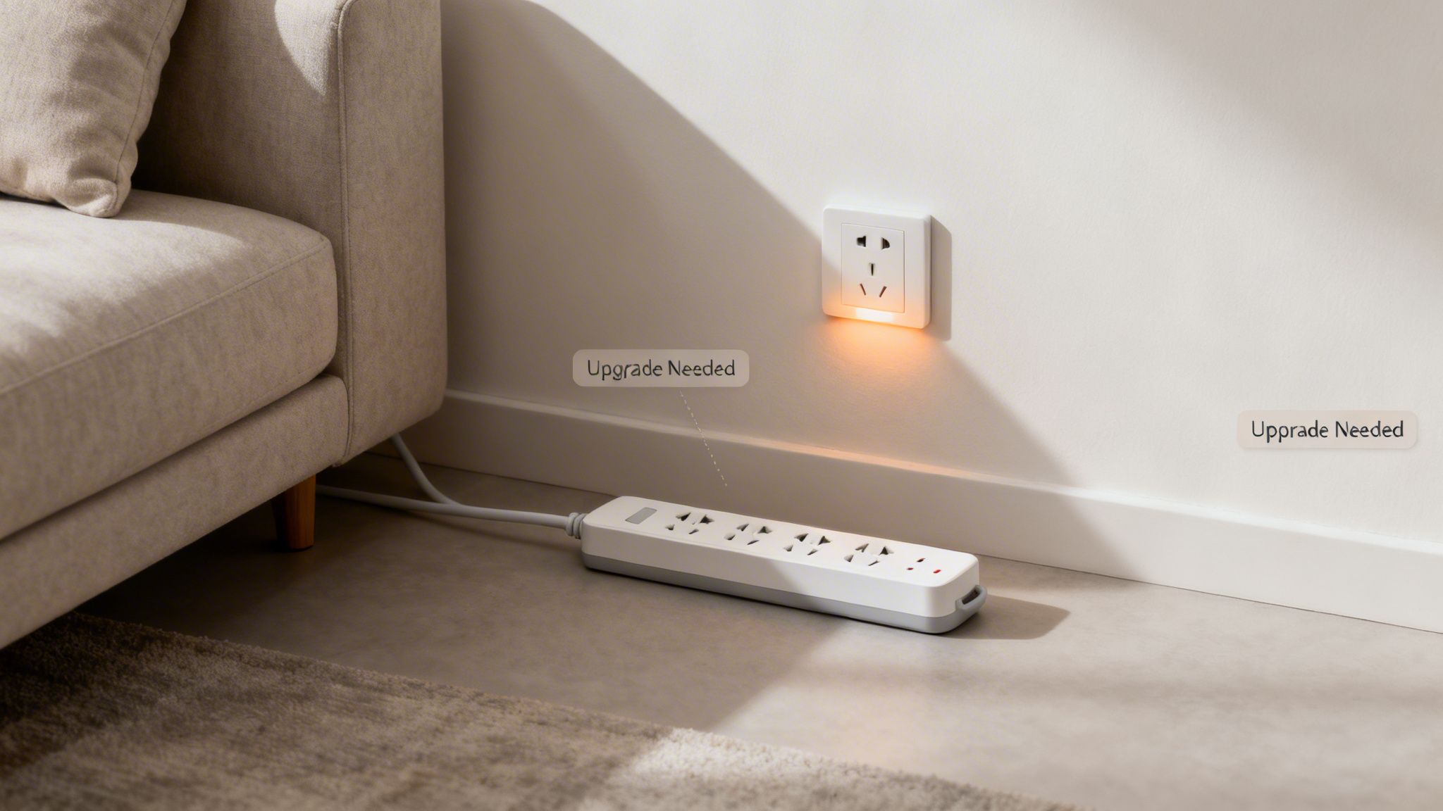 A wall outlet glowing orange, connected to a power strip on the floor, with 'Upgrade Needed' text.