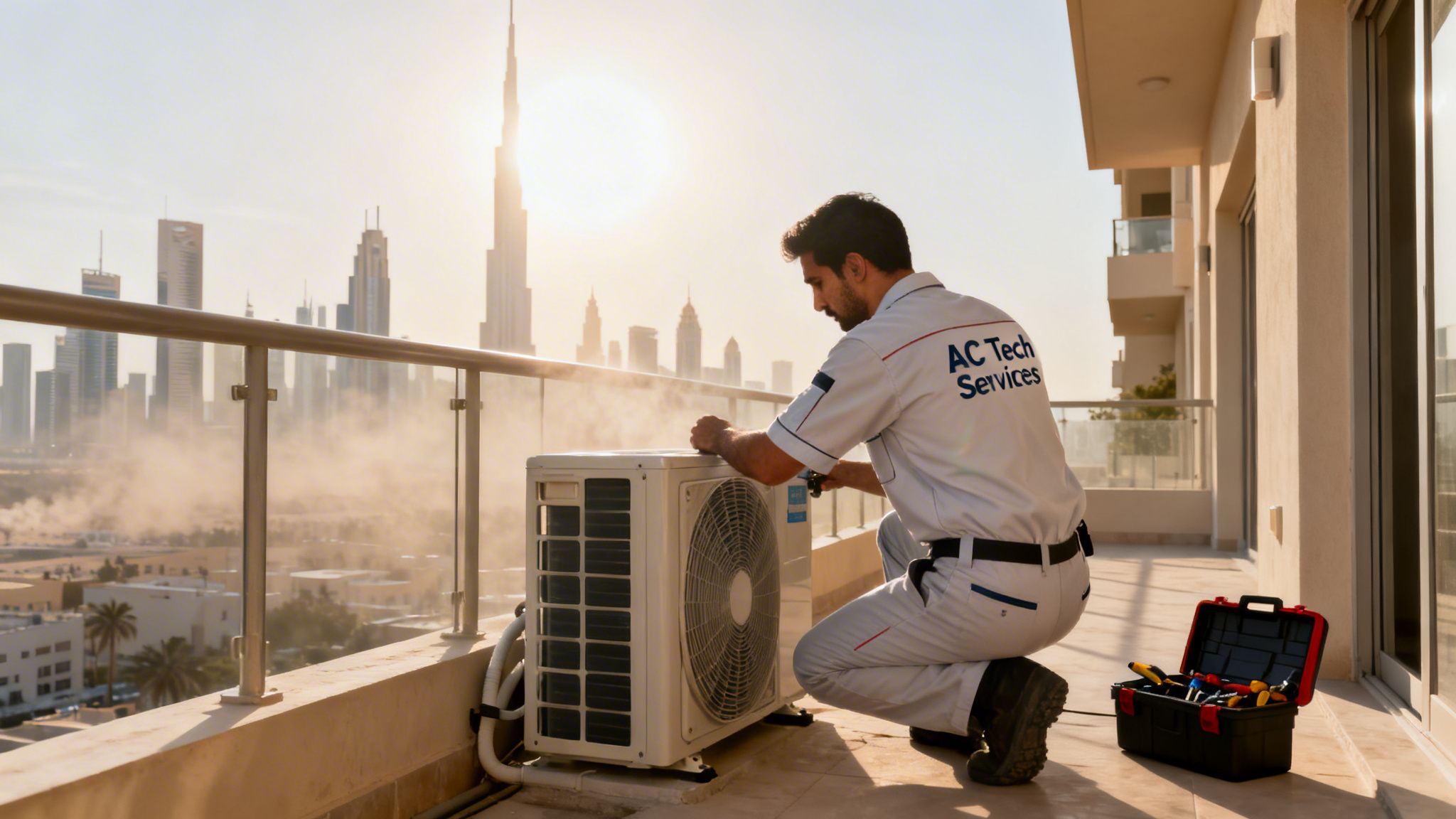 A technician from AC Tech Services maintains an outdoor air conditioning unit on a balcony overlooking the Dubai skyline at sunset.