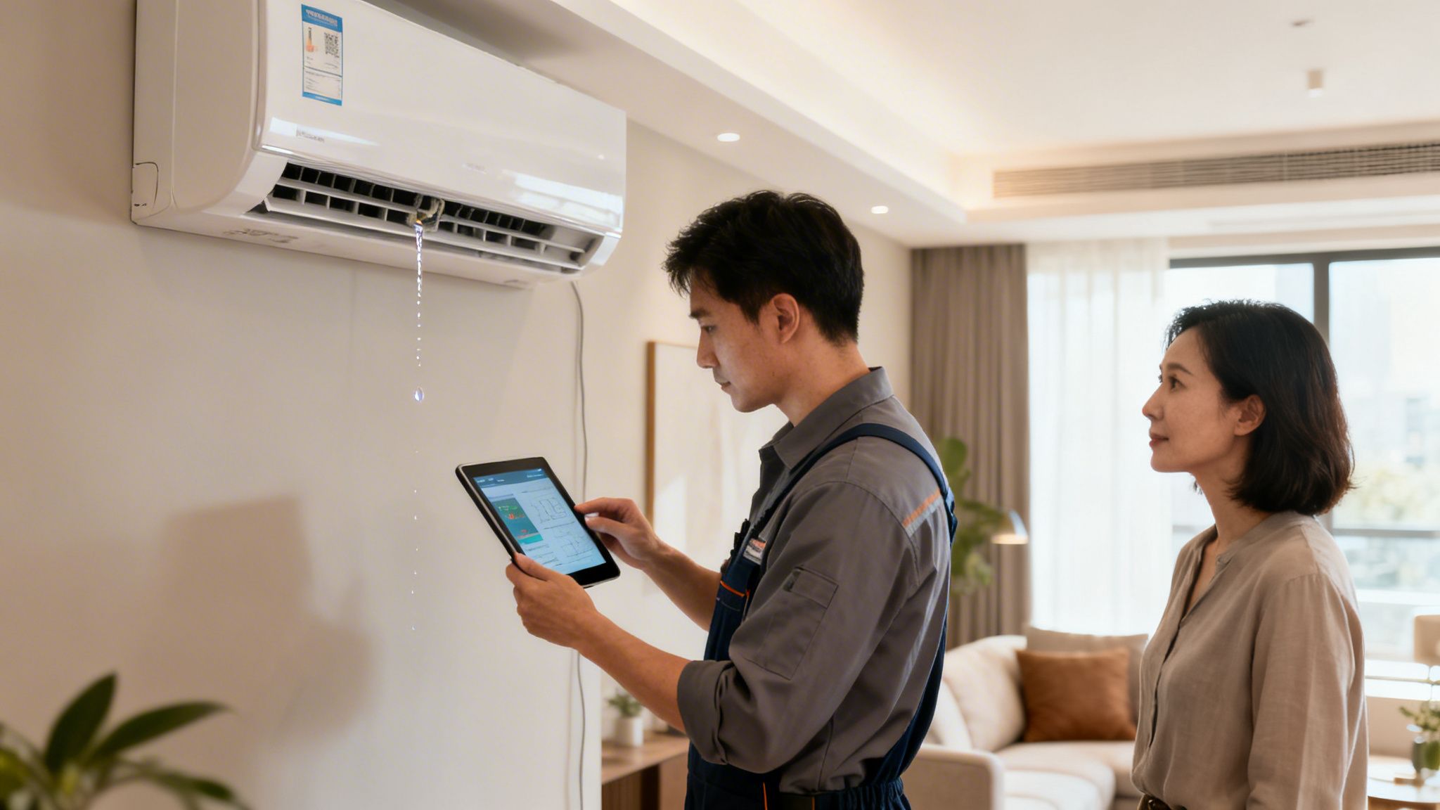 Service technician inspecting a dripping air conditioner with a tablet in a modern home.