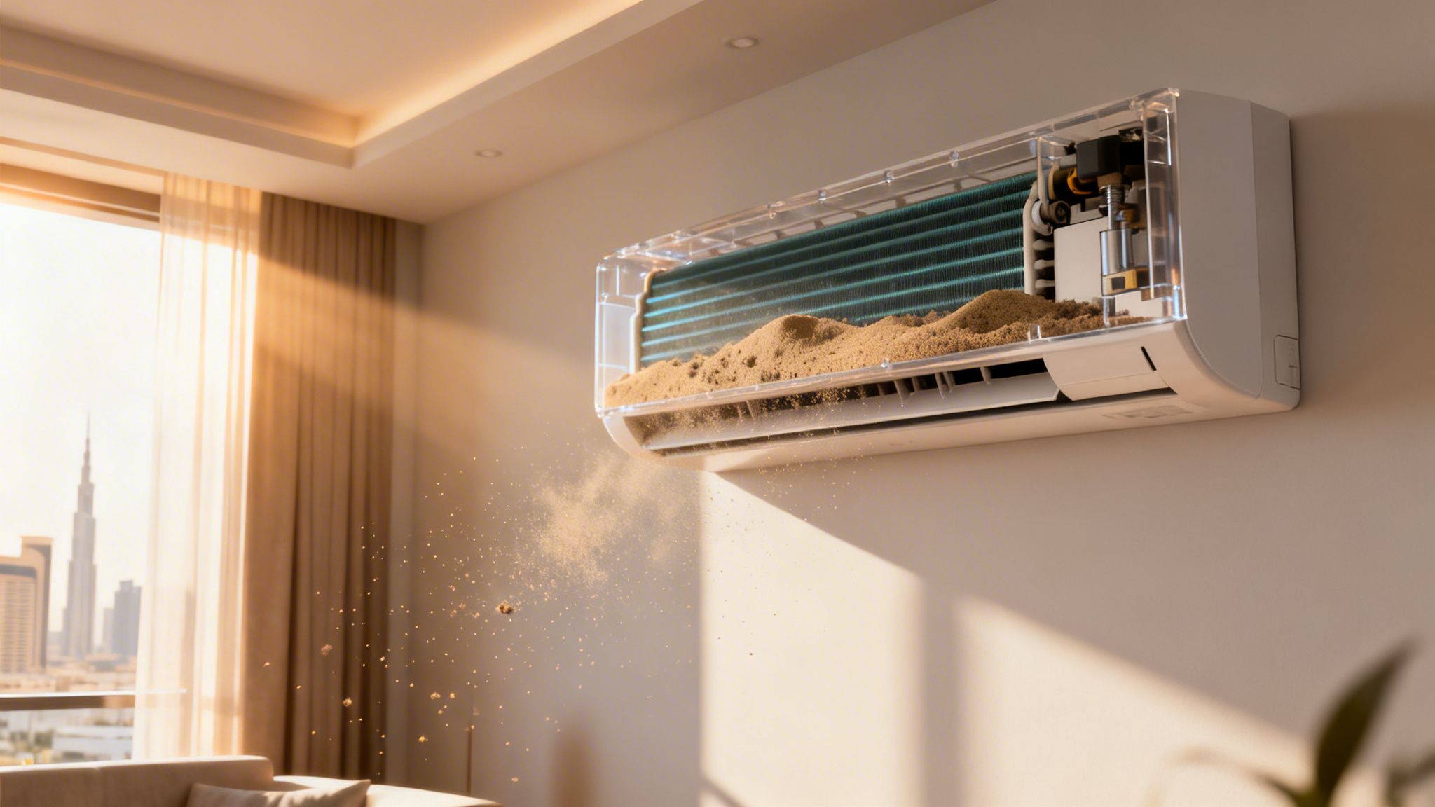 A cutaway air conditioning unit is filled with sand, emitting dust in a sunlit room with a city view.
