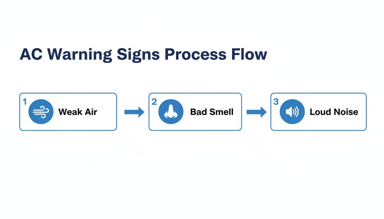 Flowchart detailing three common AC warning signs: weak air, bad smell, and loud noise.