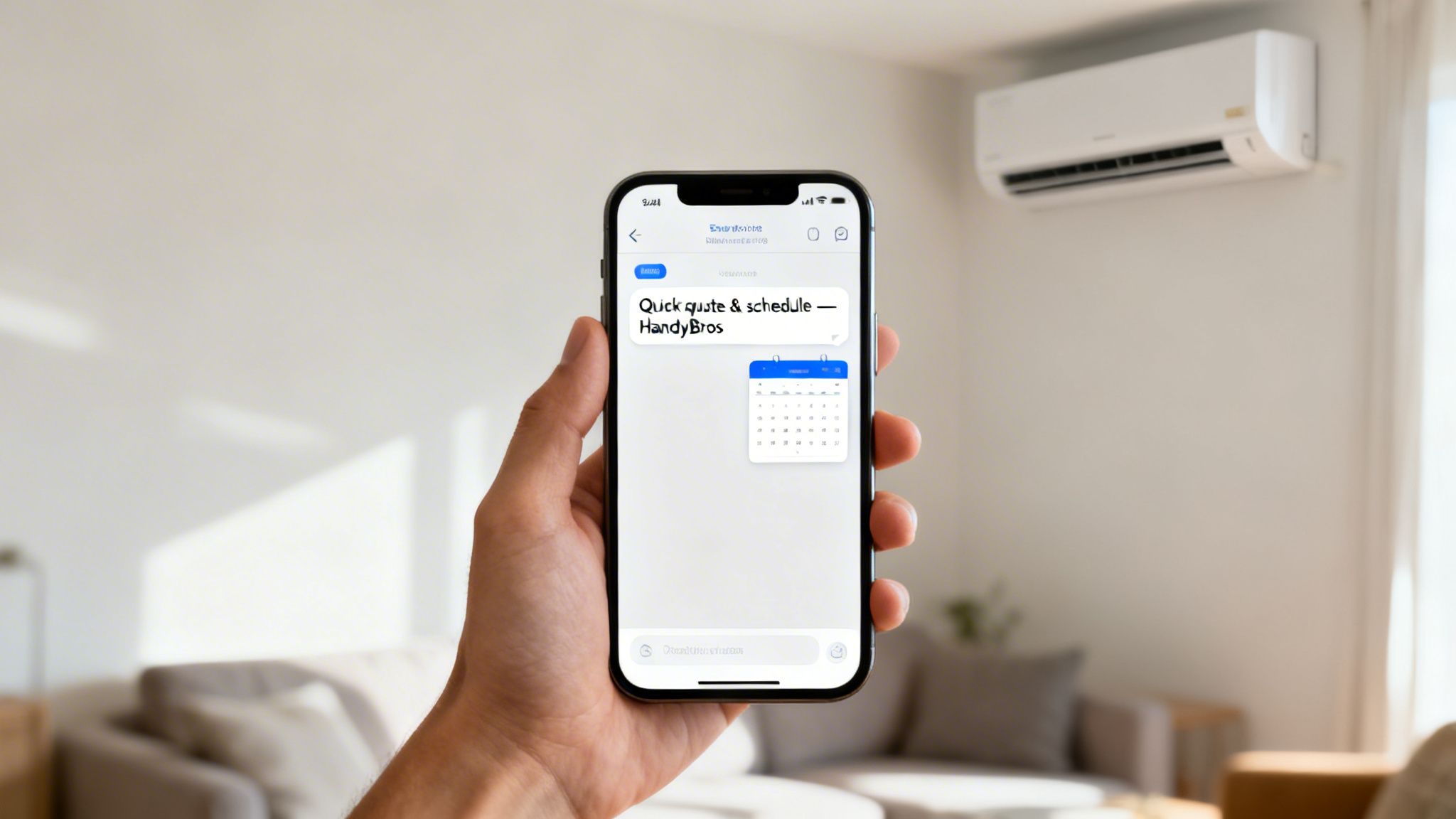 Hand holding smartphone scheduling 'Quick quote & schedule' for HandyBros, with a calendar pop-up and an air conditioner in the background.