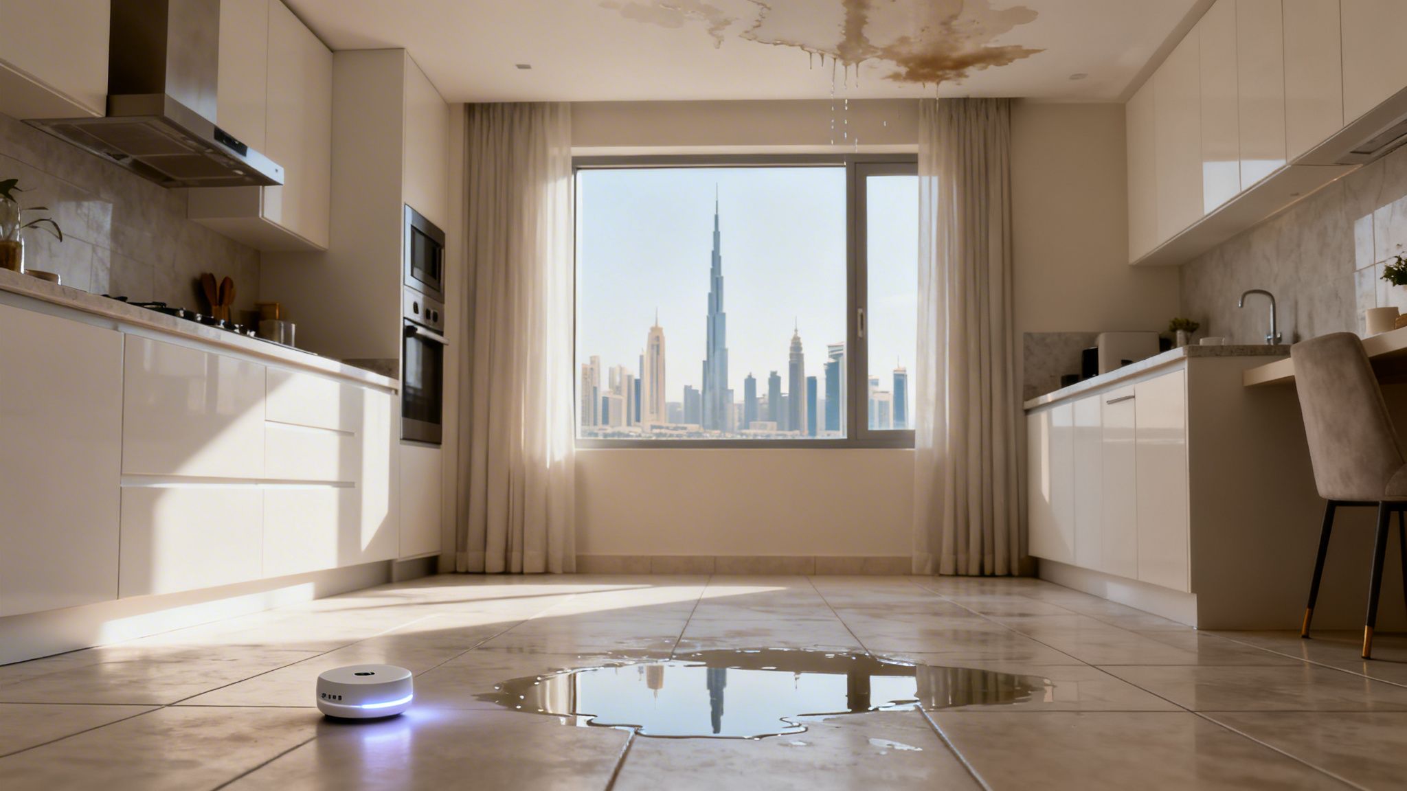 A smart water detector robot on a wet kitchen floor with a ceiling leak, overlooking the Dubai skyline.