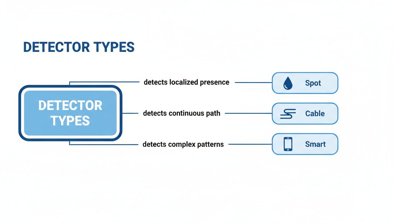 A flowchart showing different detector types: Spot detects localized presence, Cable detects continuous path, and Smart detects complex patterns.
