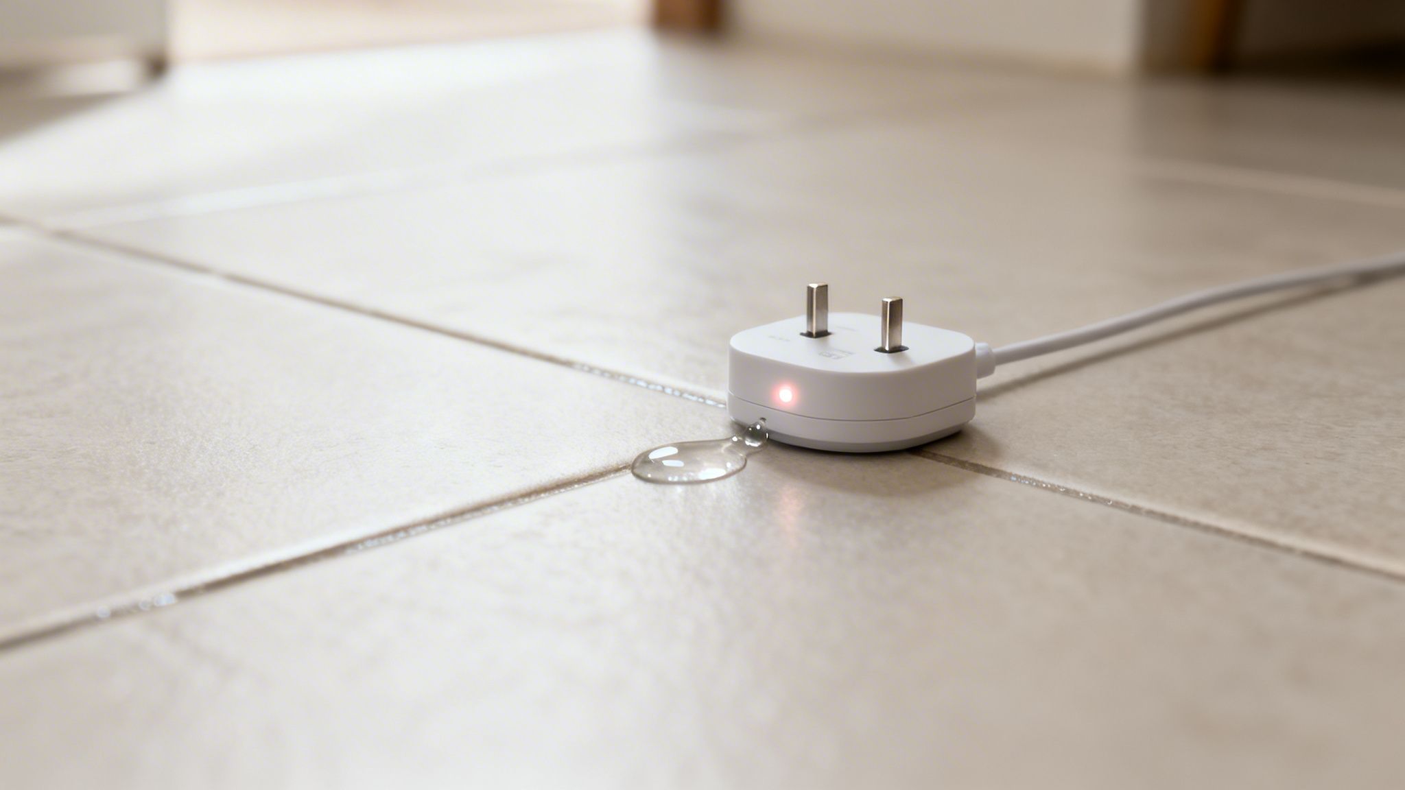 A white water leakage detector with a red light, connected to a cable, next to a water puddle on a tiled floor.