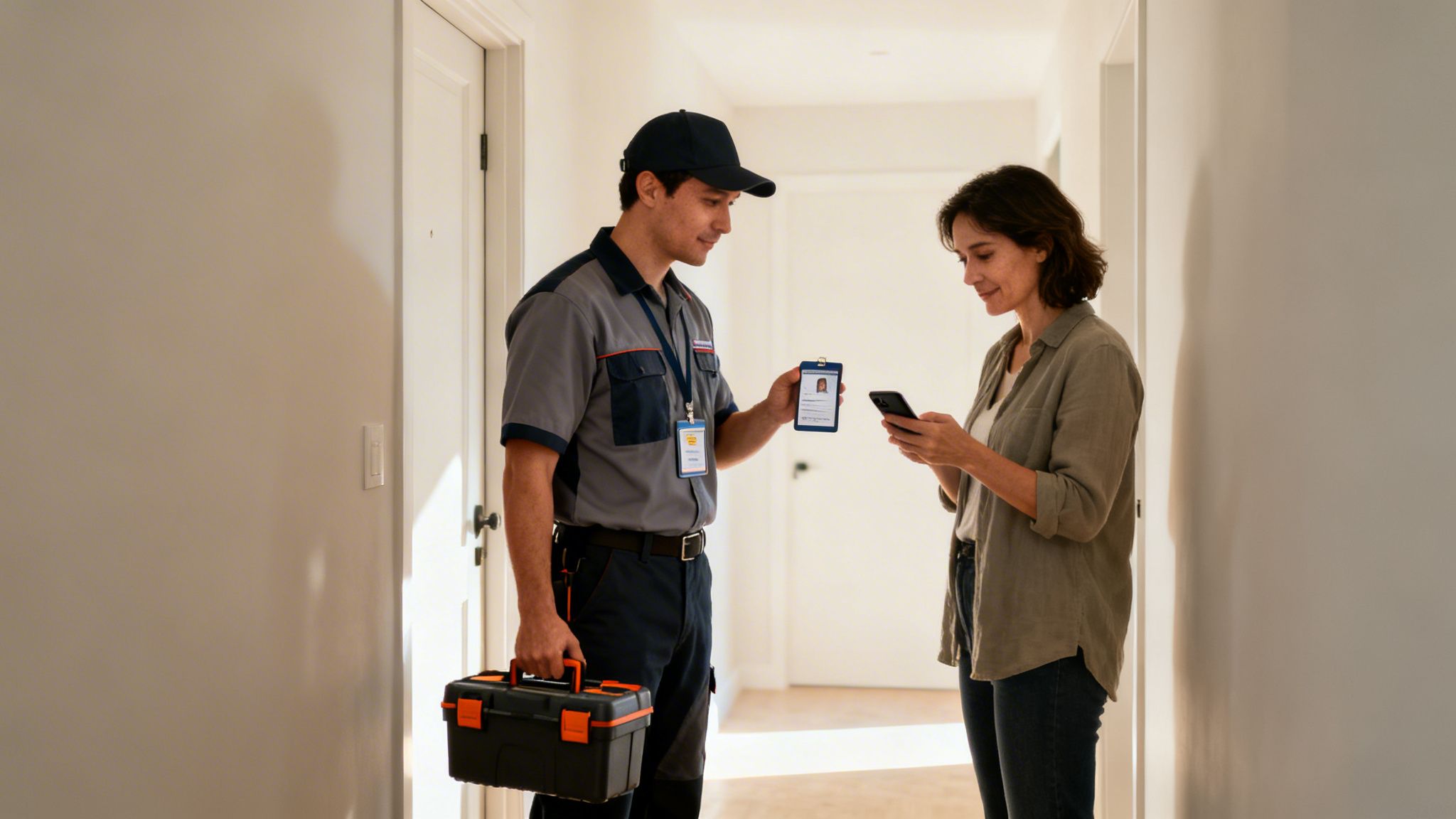 A uniformed handyman presents his ID to a woman checking her phone during a home service visit.