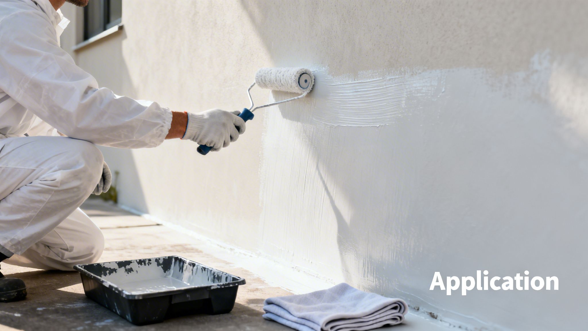 Worker in a white protective suit applying white waterproof paint to a wall with a roller.
