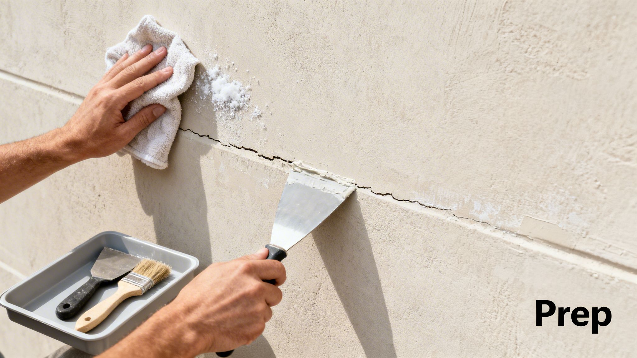 Hands cleaning and filling cracks on a beige wall with a putty knife and cloth, preparing for paint.