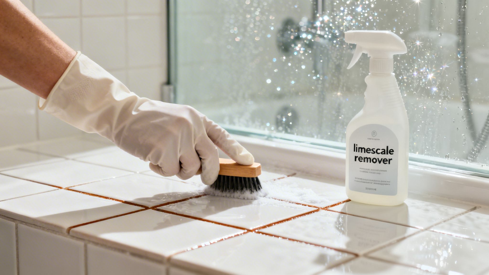 A gloved hand scrubs white bathroom tiles with a brush, next to limescale remover and a sparkling shower.
