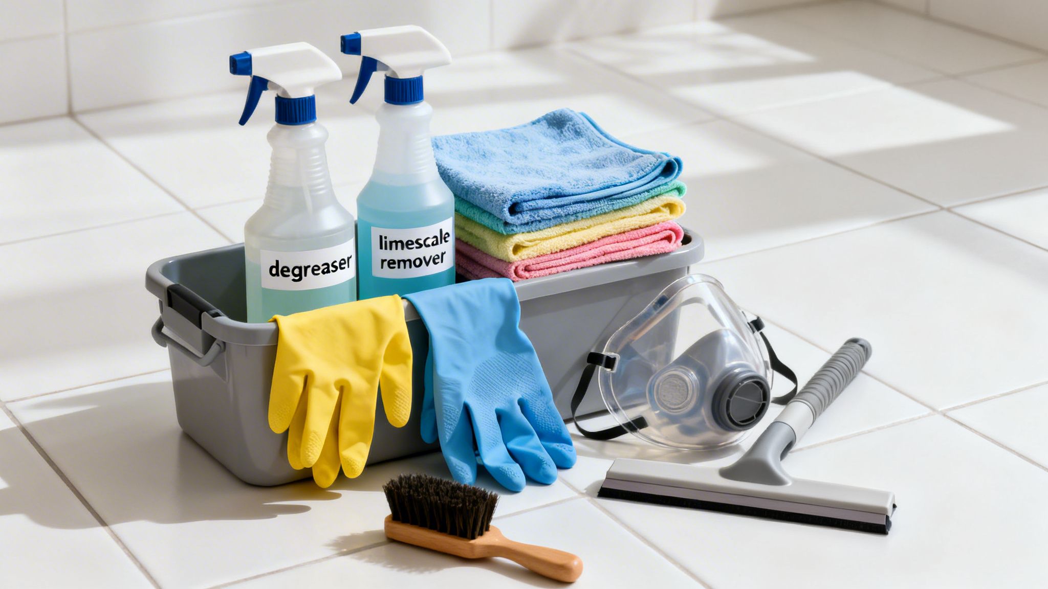 A collection of various cleaning supplies including spray bottles, gloves, cloths, and a respirator mask on white tiles.