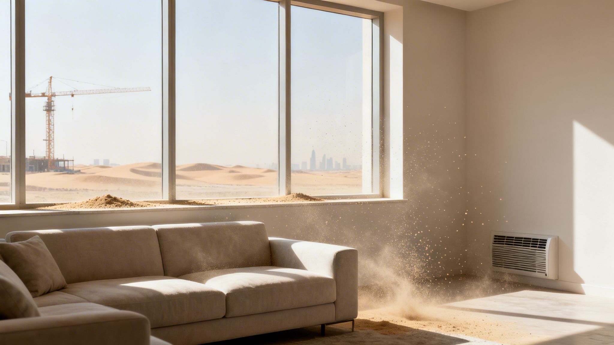 Sand blowing into a modern living room with a large window overlooking a desert cityscape.