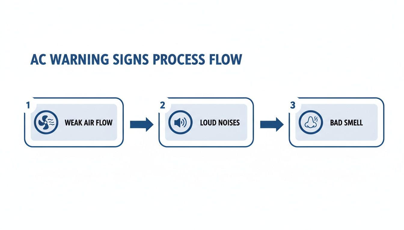 Flowchart illustrating three common AC warning signs: weak airflow, loud noises, and bad smell.