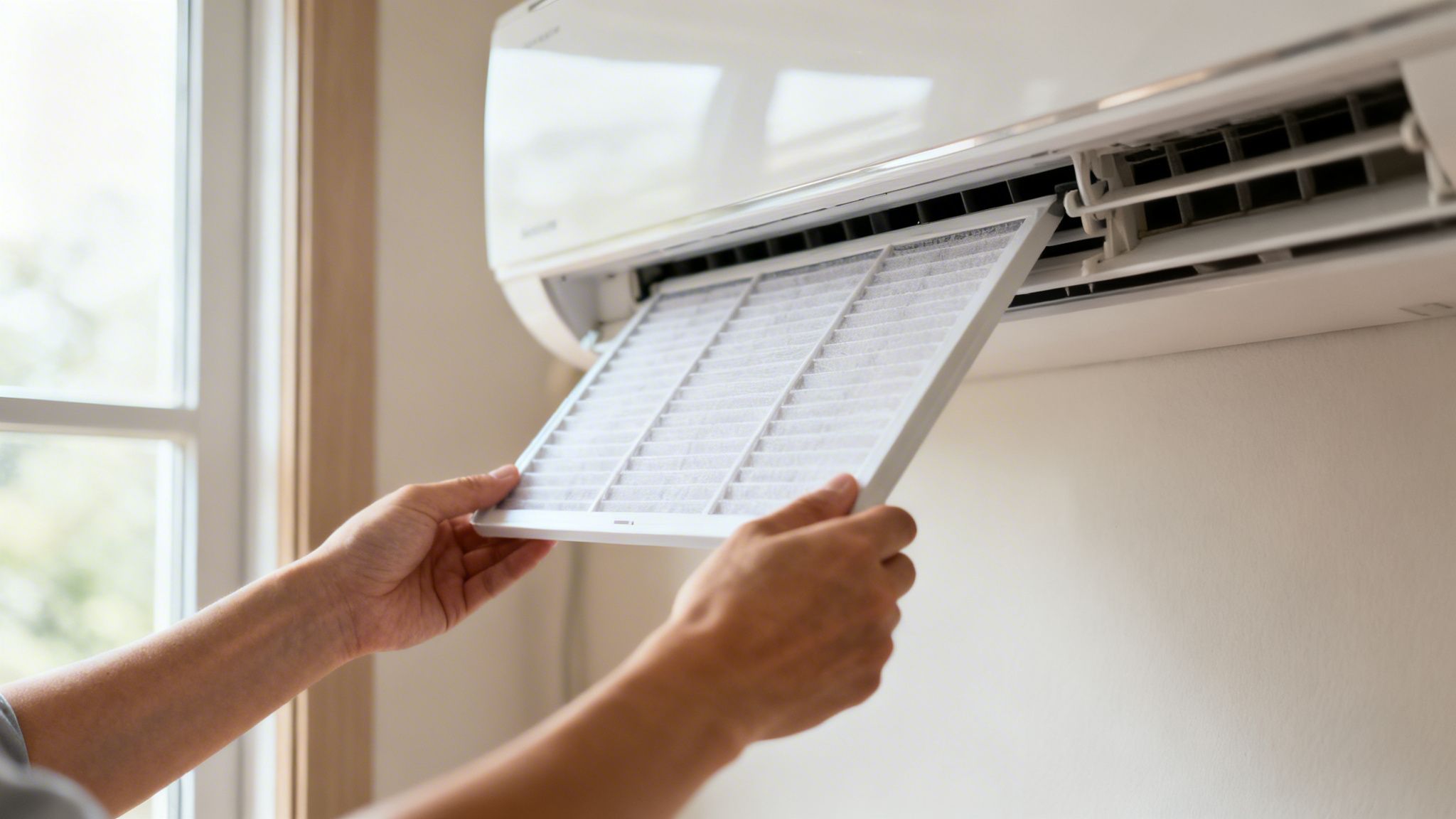 Hands removing a dirty air filter from a white wall-mounted air conditioning unit for cleaning.