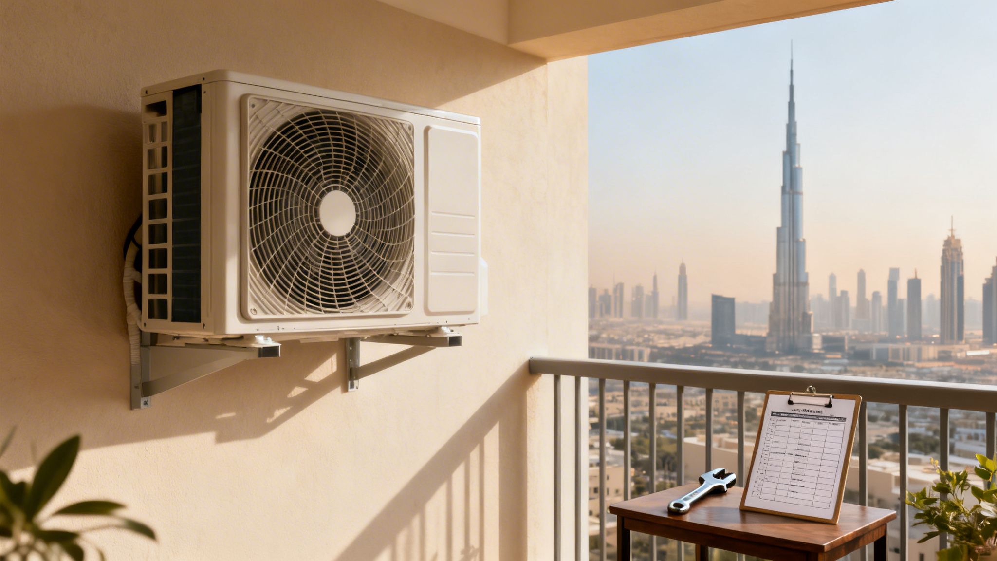 Outdoor air conditioning unit on a balcony overlooking Dubai city skyline, with a wrench and checklist.