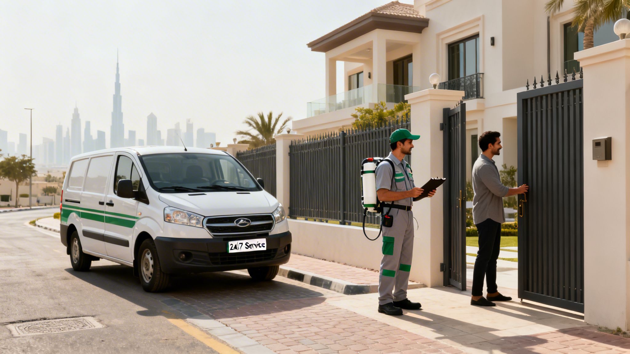 Pest control professional with sprayer backpack and clipboard talks to homeowner at house gate.