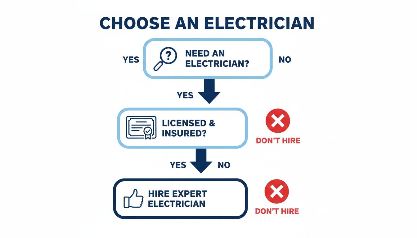 Flowchart illustrating the process of choosing an electrician, emphasizing licensing and insurance for hiring.