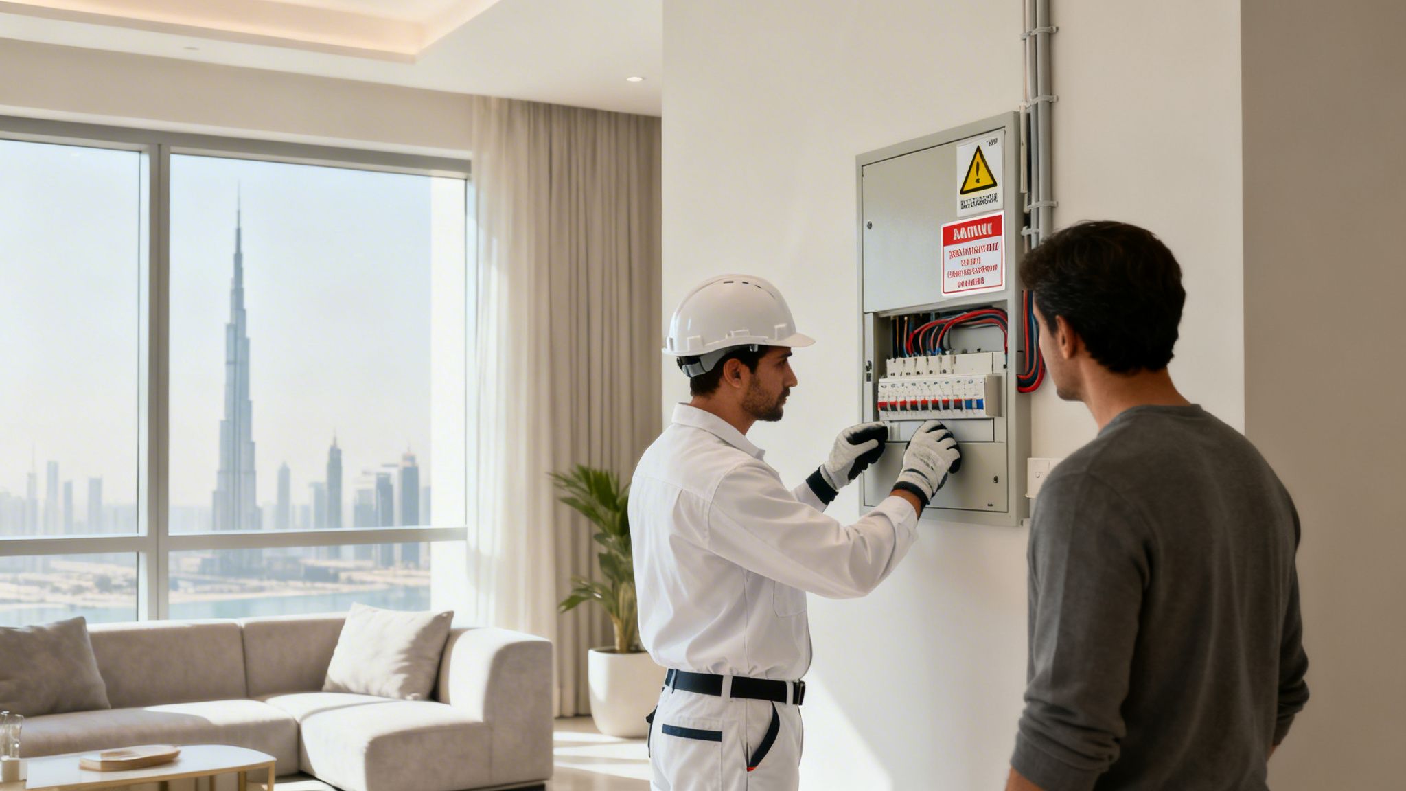 An electrician in a hard hat works on an electrical panel in a modern Dubai apartment.