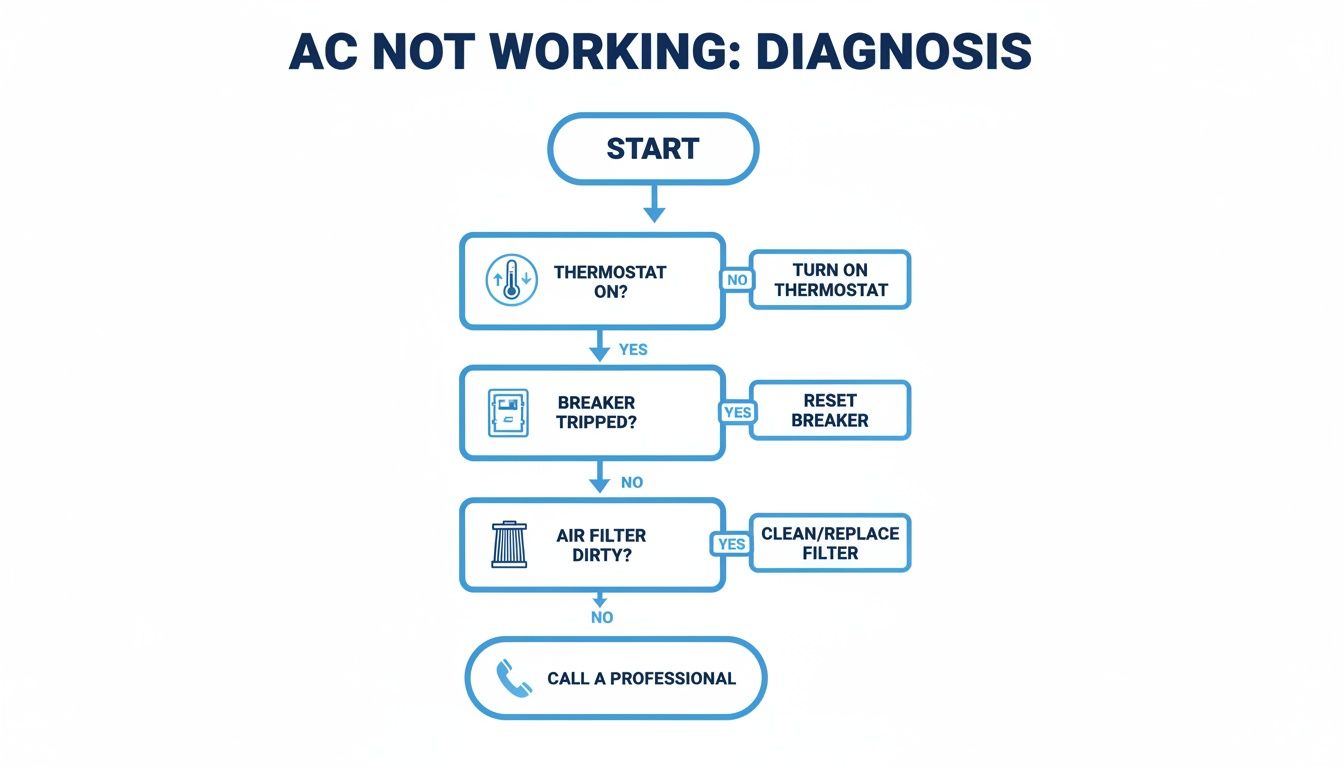 Flowchart for diagnosing a non-working AC unit, guiding users through thermostat, breaker, and air filter checks.