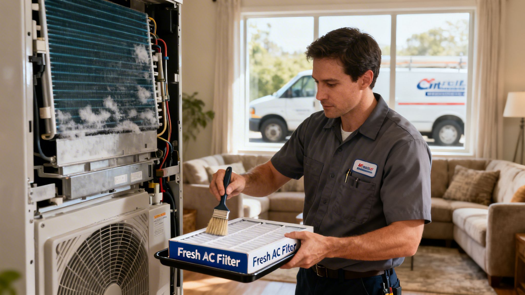 A technician cleans a dirty AC unit's coils and holds a new 'Fresh AC Filter'.