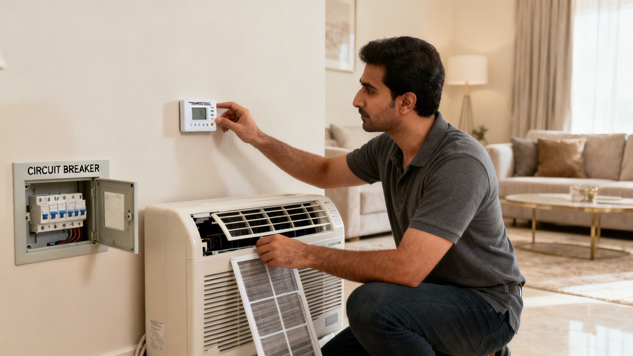 Man cleaning an AC filter and adjusting the thermostat for home maintenance.