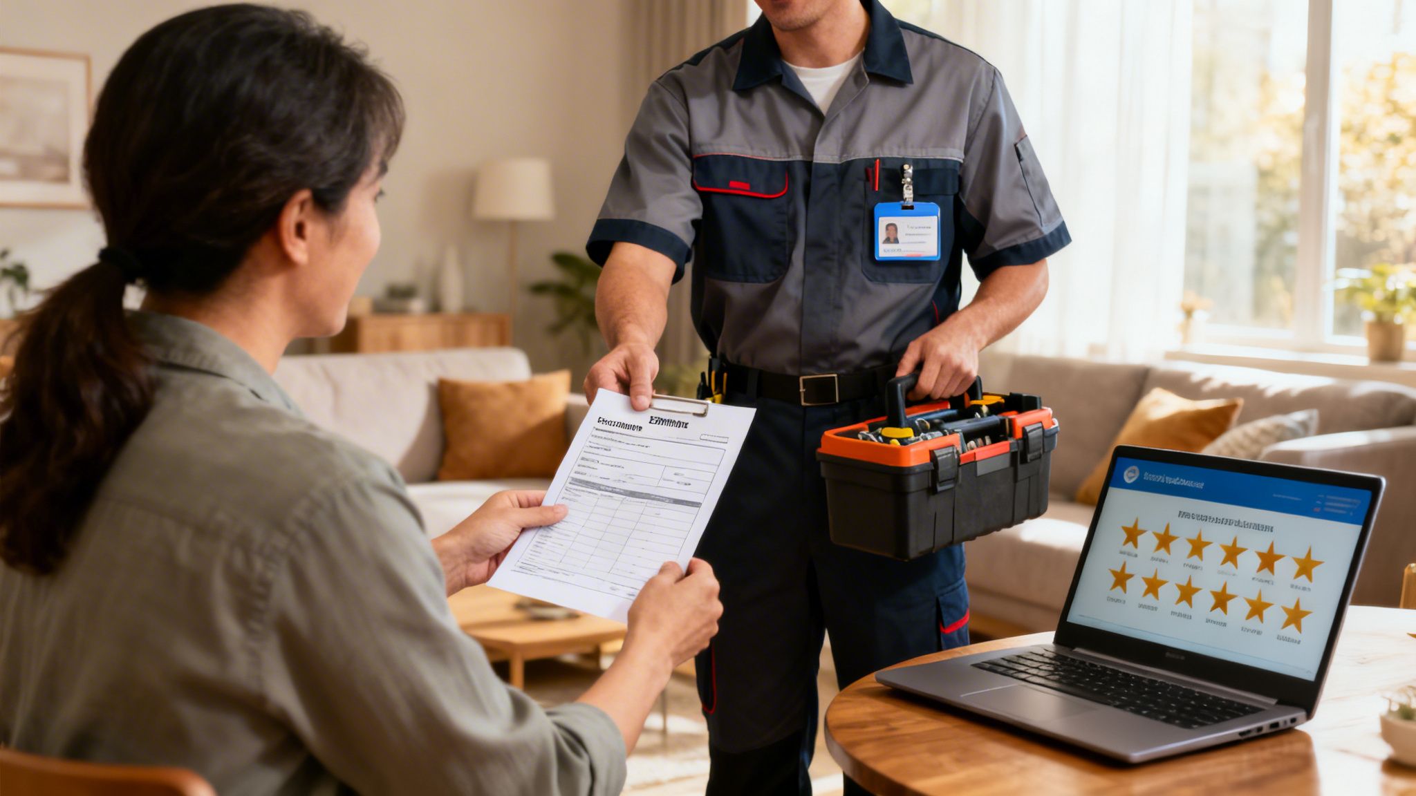 A friendly technician in uniform presents a transparent quote on a tablet to a homeowner.