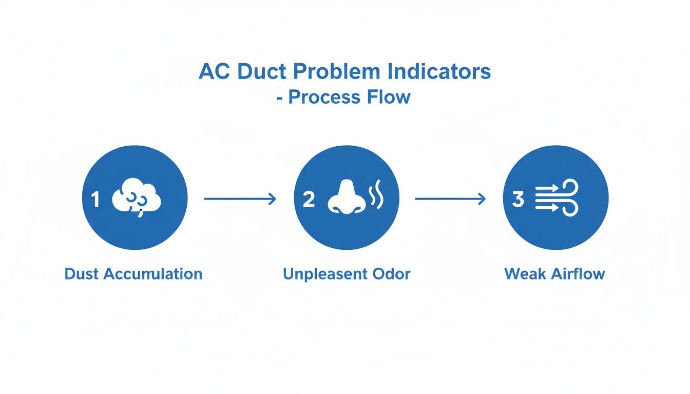 Process flow diagram showing AC duct problem indicators: dust accumulation, unpleasant odor, and weak airflow.
