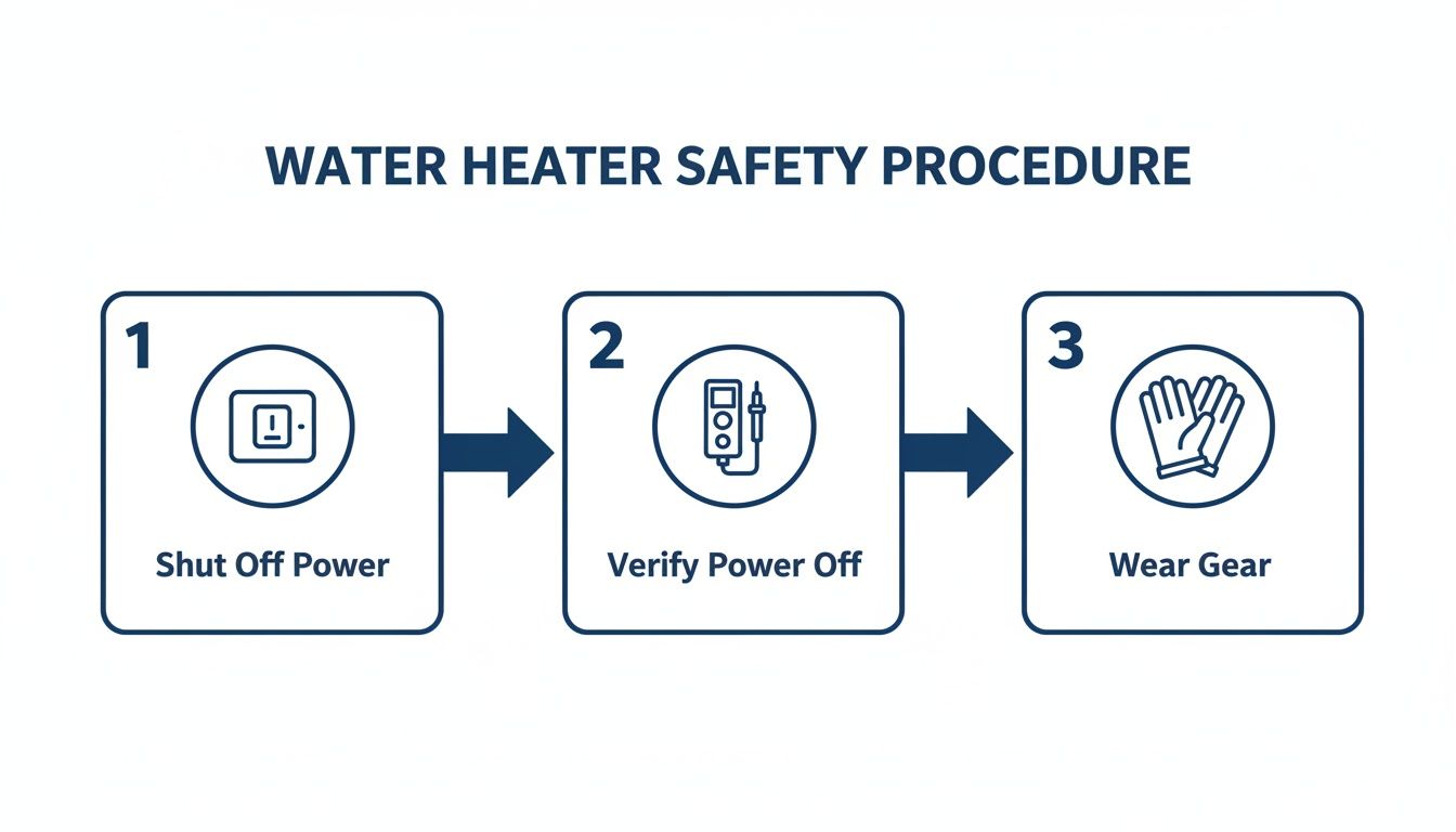 Infographic illustrating a three-step water heater safety procedure: shut off power, verify power off, and wear gear.
