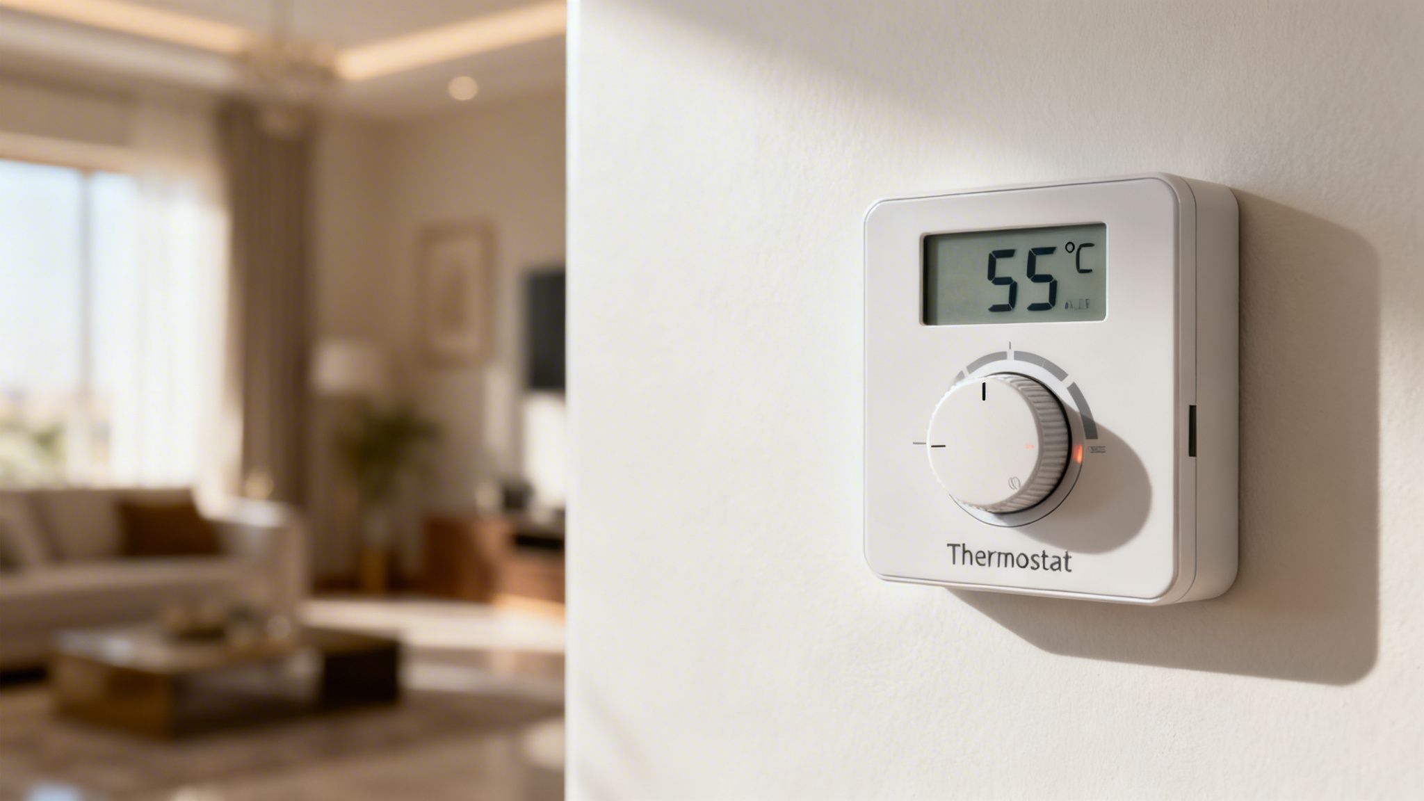 Close-up of a white modern thermostat showing 55 degrees Celsius, with a blurred living room background.