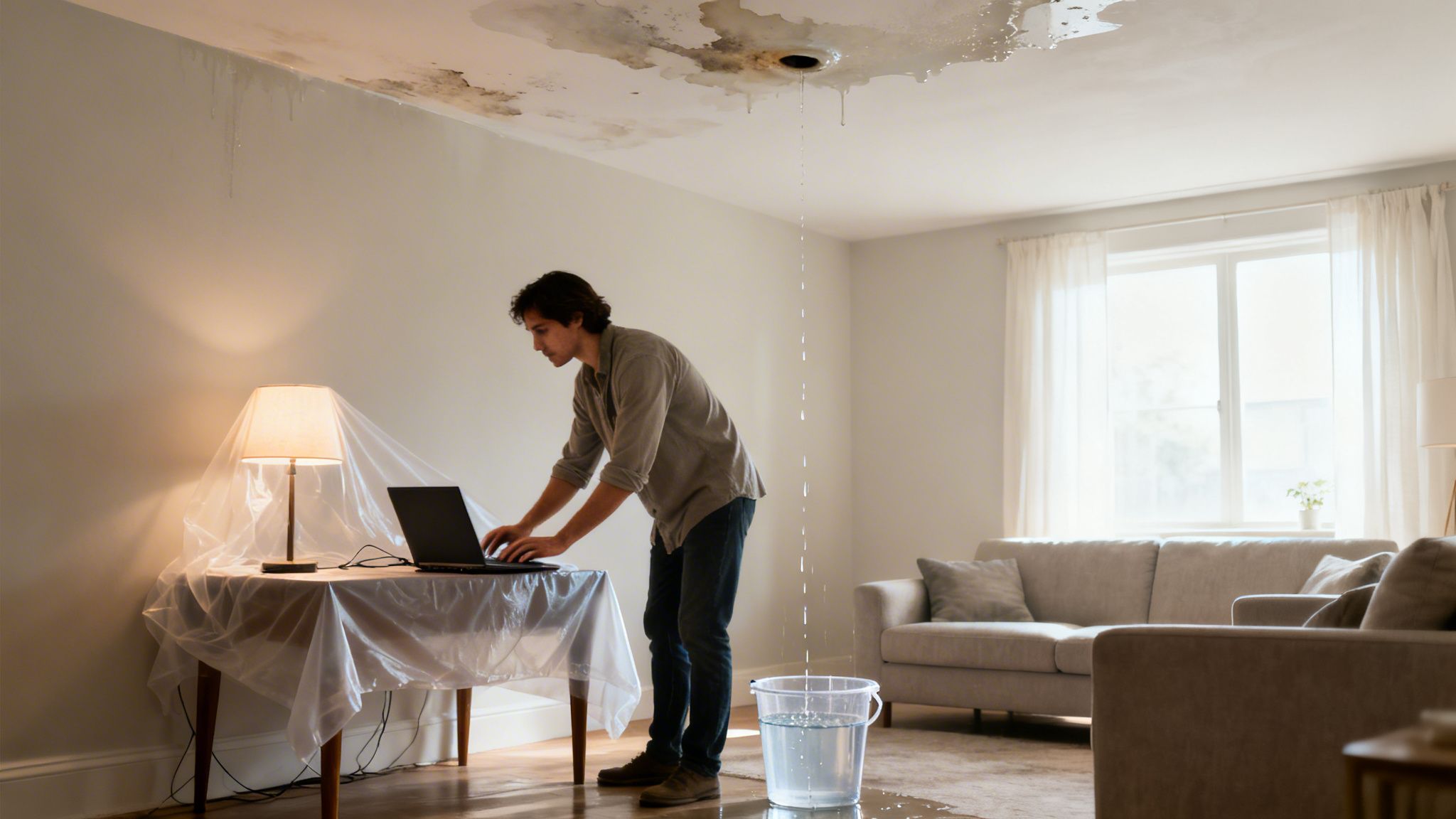 Man using laptop in living room with a severe ceiling water leak and a bucket catching drips.