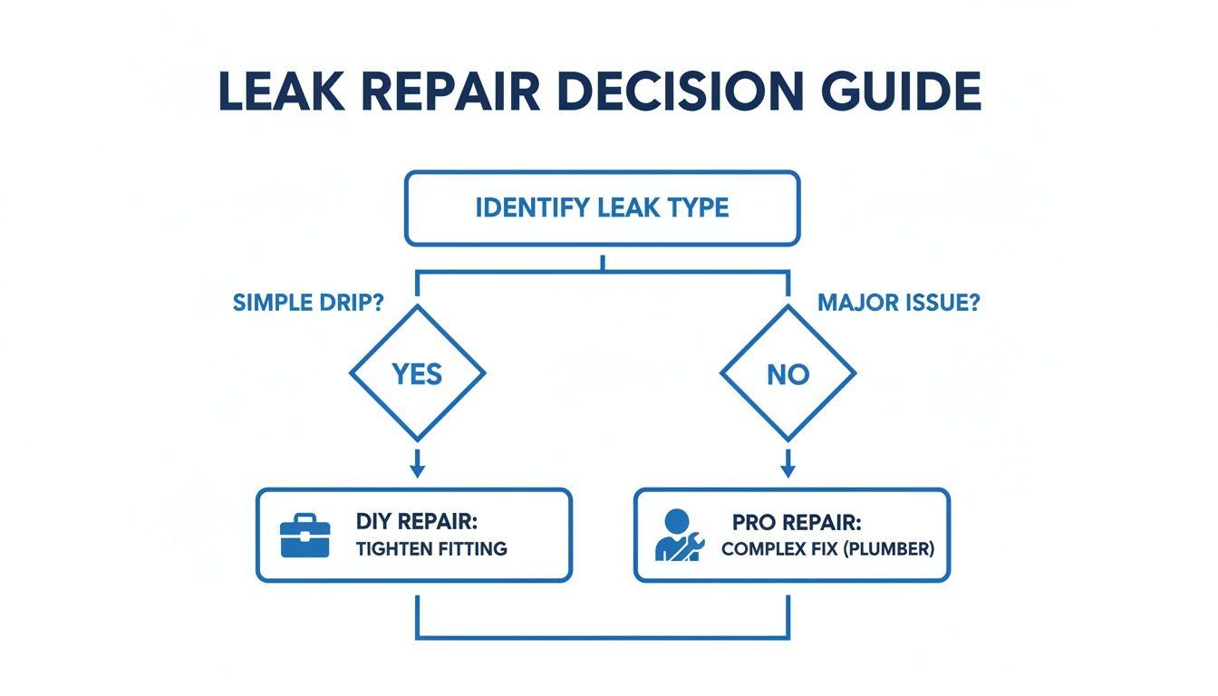 A flowchart guides leak repair decisions: identify leak type, simple drips lead to DIY tightening, complex issues require a pro plumber.