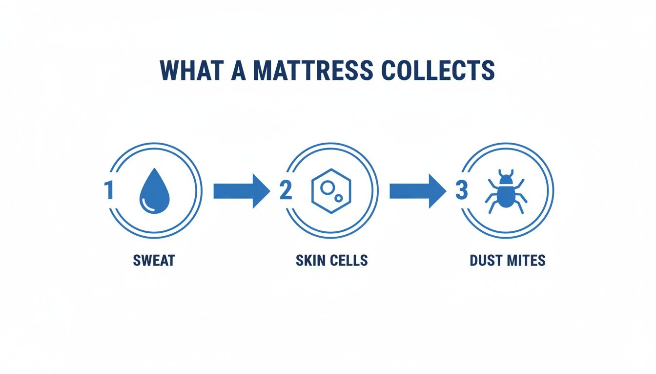 Infographic showing a mattress collects sweat, then skin cells, which attract dust mites.