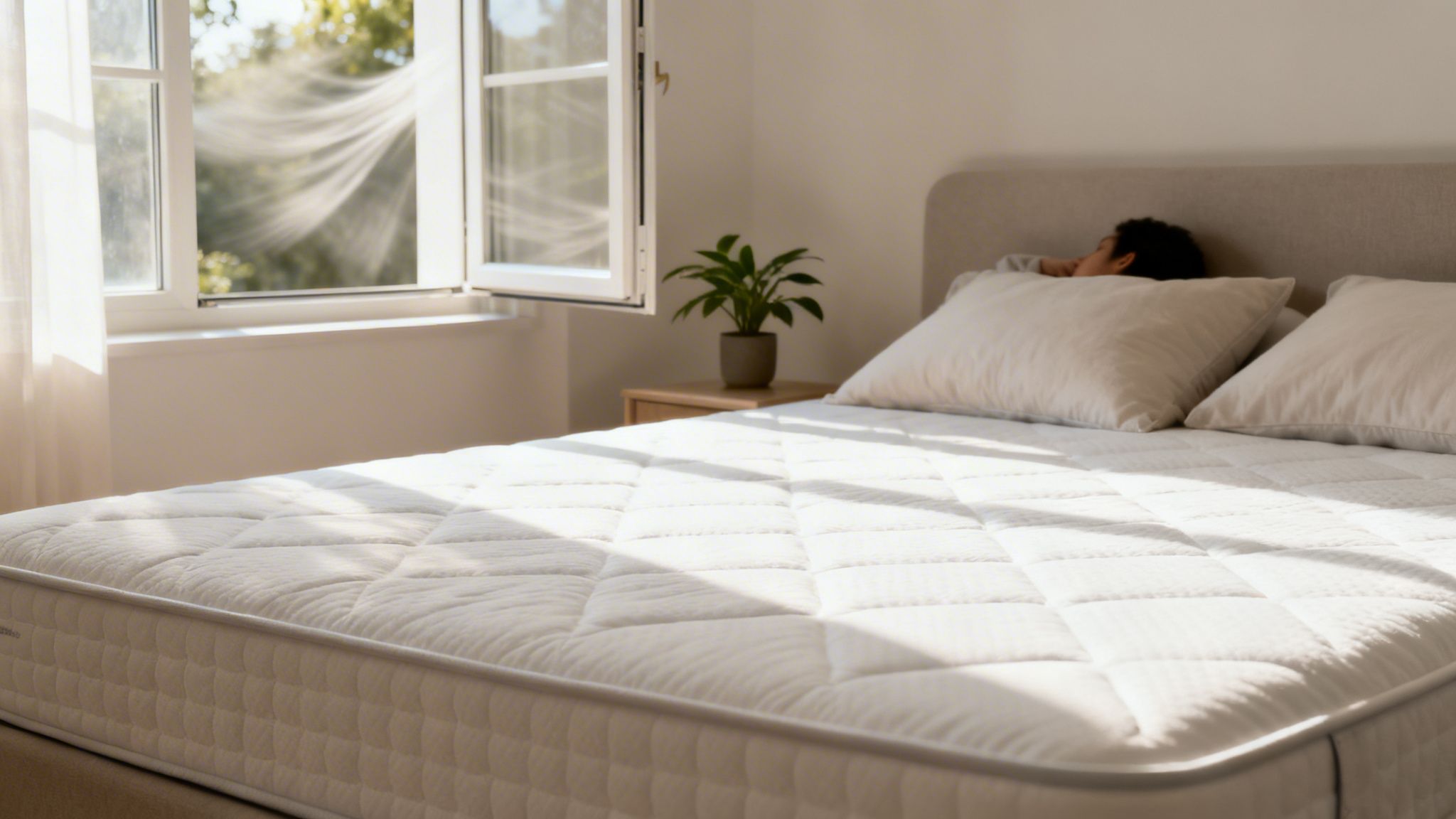 A person sleeping soundly on a clean, white quilted mattress in a sunny bedroom with an open window.