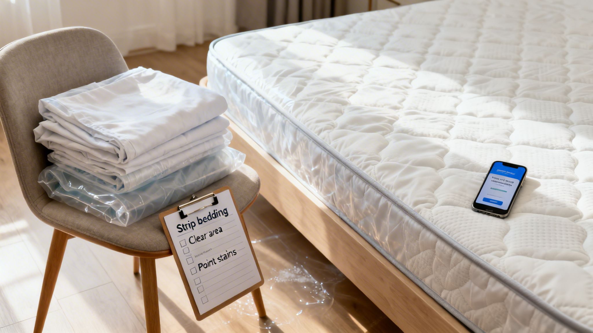 Mattress on a bed frame, with fresh bedding on a chair, a checklist, and a phone.