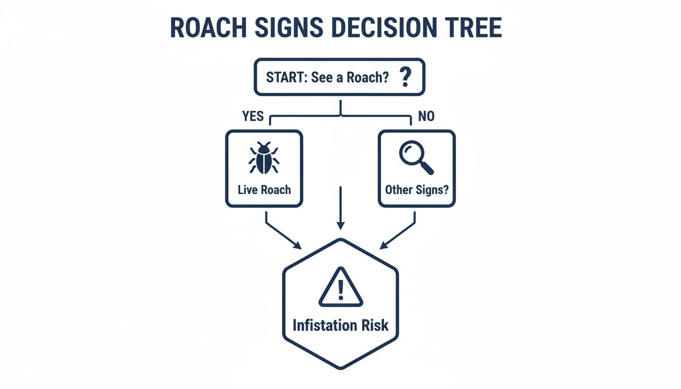 Decision tree illustrating that seeing a live roach or other signs both indicate a roach infestation risk.