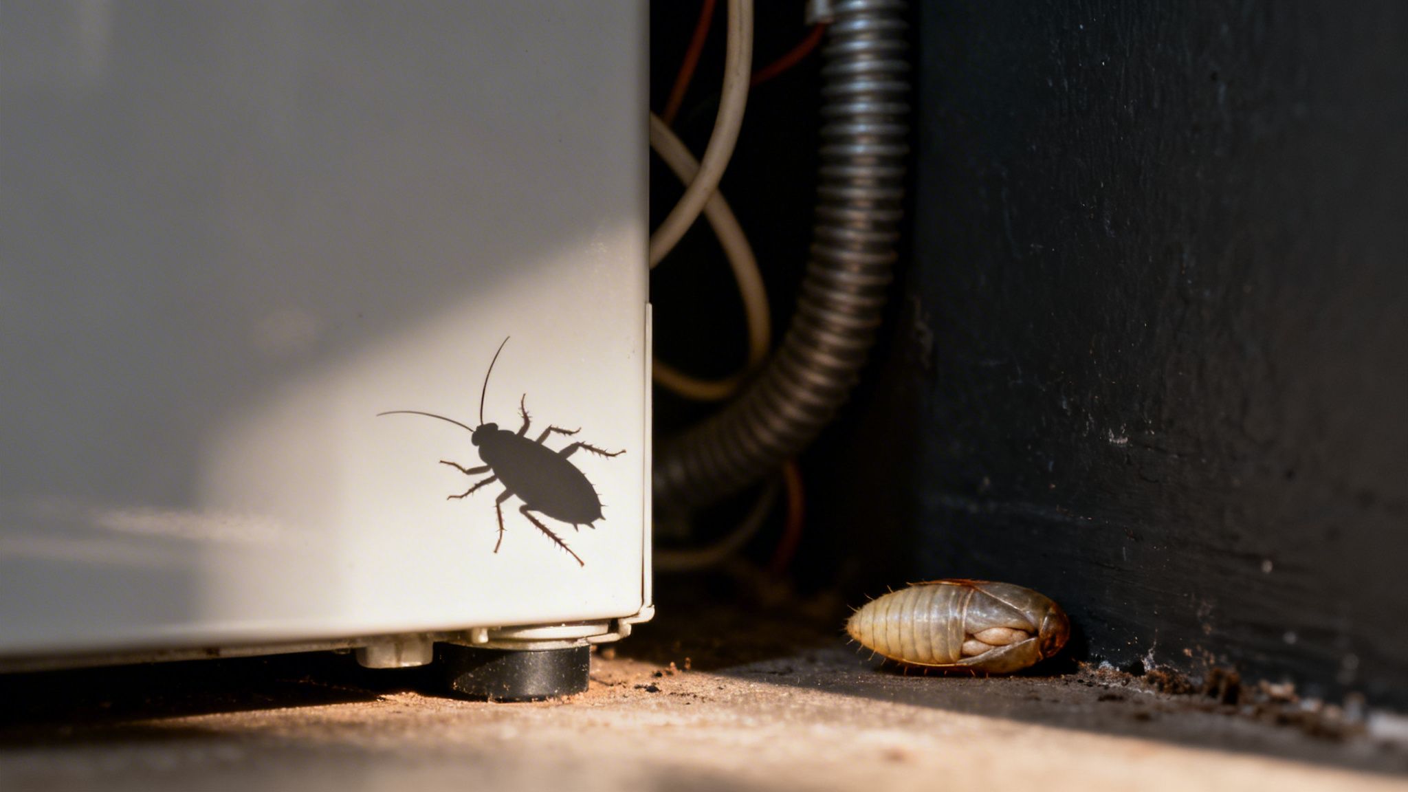 Shadow of a cockroach on a white appliance, with a roach egg case on a dirty floor.