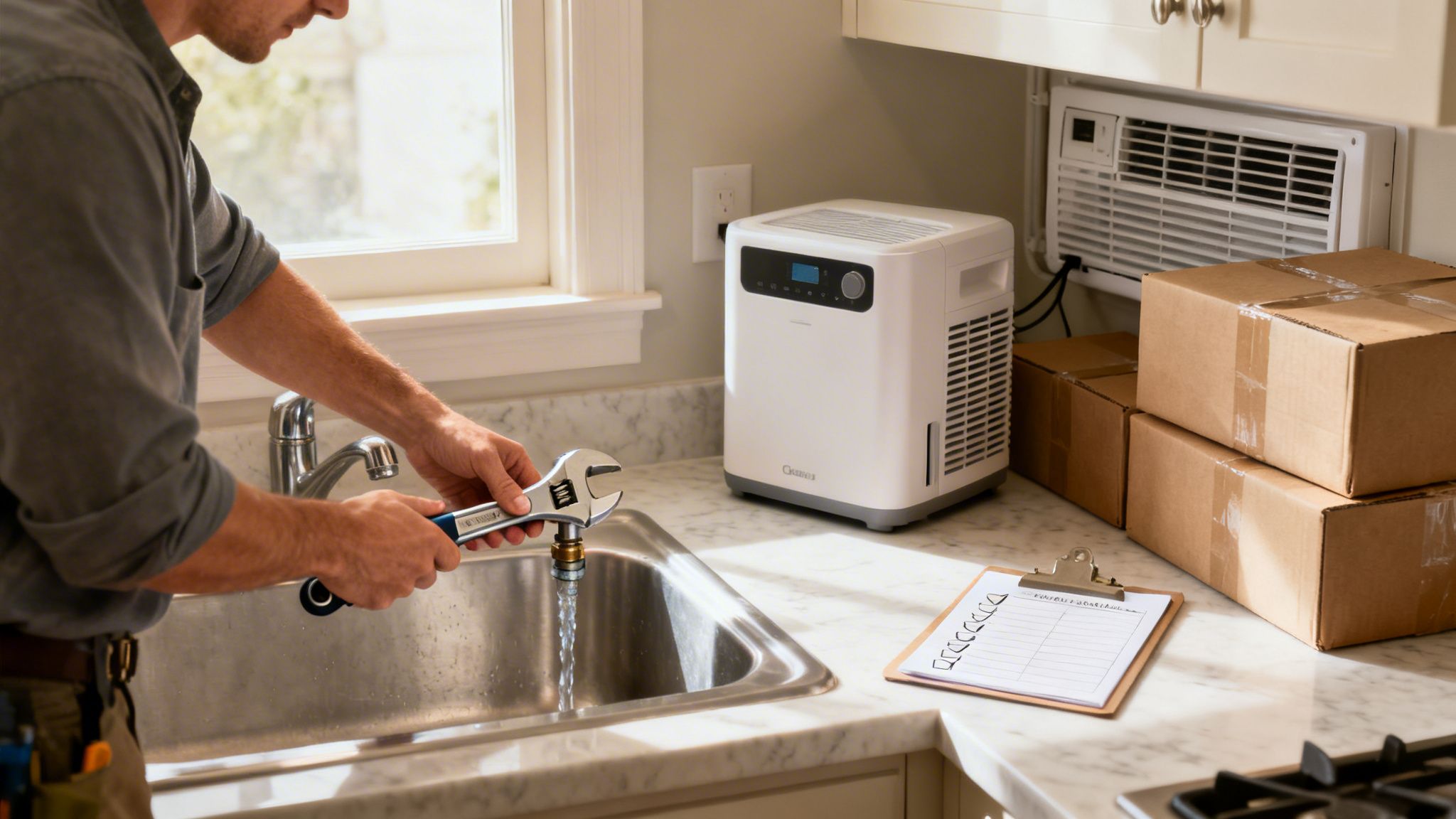 A plumber uses a wrench to work on a kitchen sink faucet, with appliances and boxes nearby.