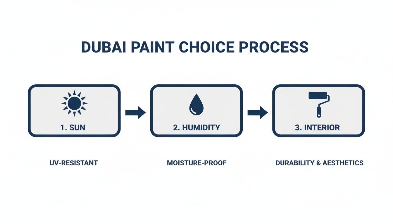 Dubai paint choice process flowchart detailing considerations for sun, humidity, and interior painting needs.