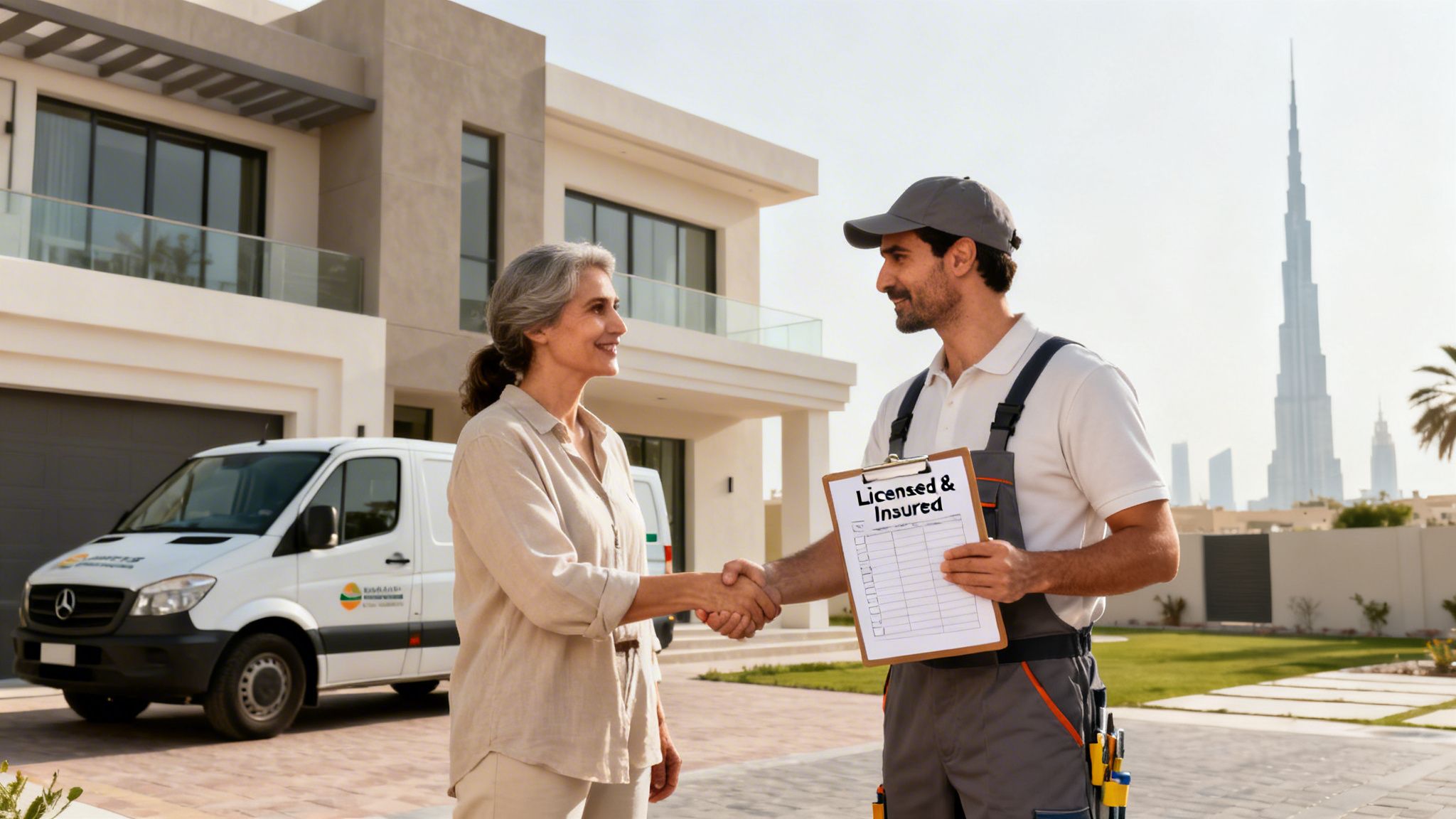 A woman shakes hands with a technician holding a 'Licensed & Insured' clipboard outside a modern house.