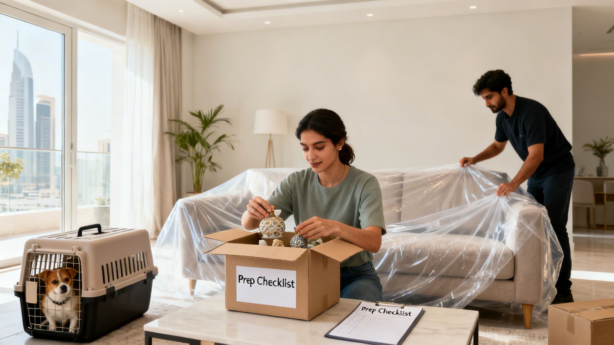 A couple prepares to move from their apartment, packing belongings and covering furniture while their dog watches.