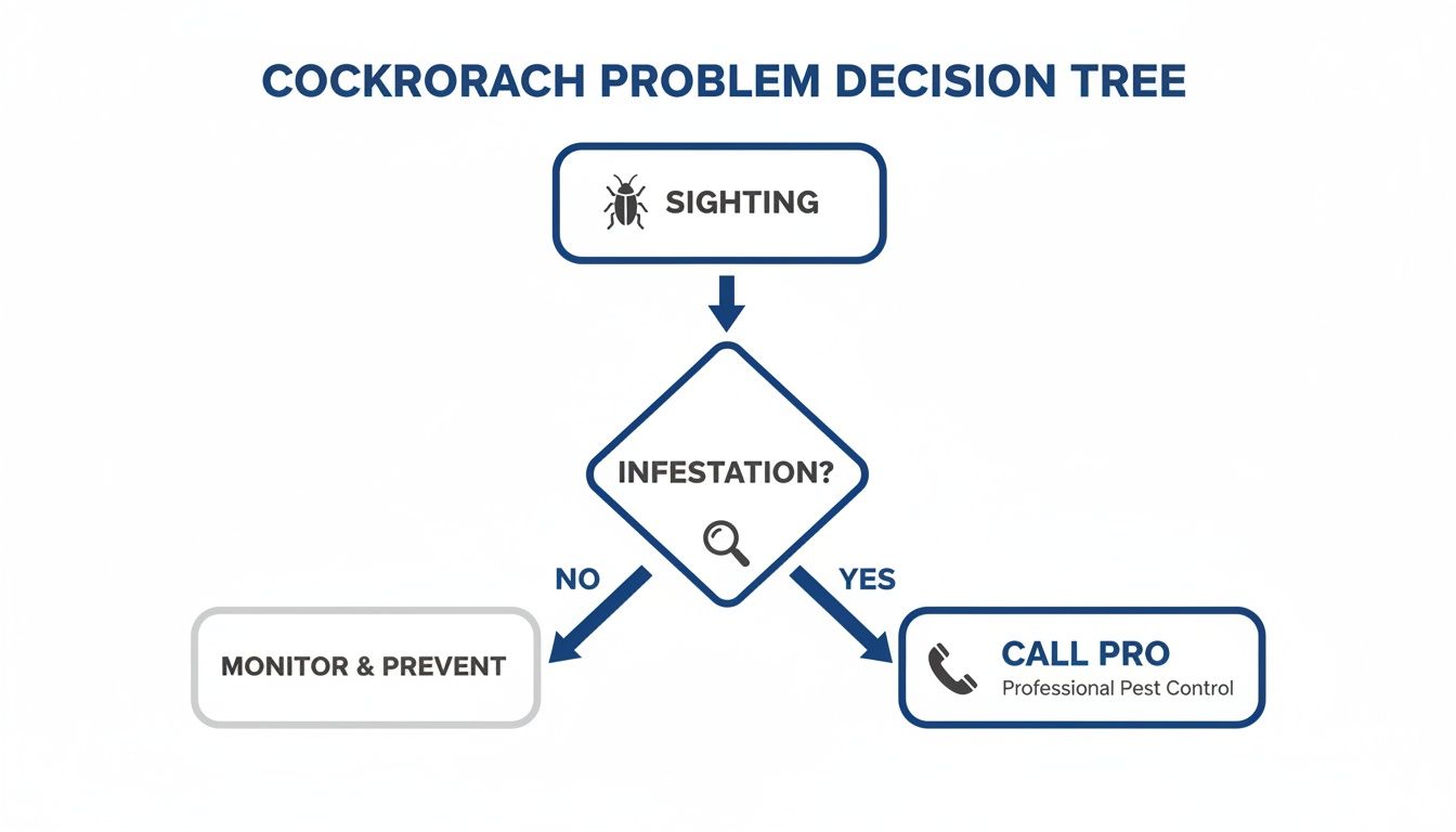 Decision tree for cockroach problems: Sighting leads to assessing infestation level. If no, monitor; if yes, call professional pest control.