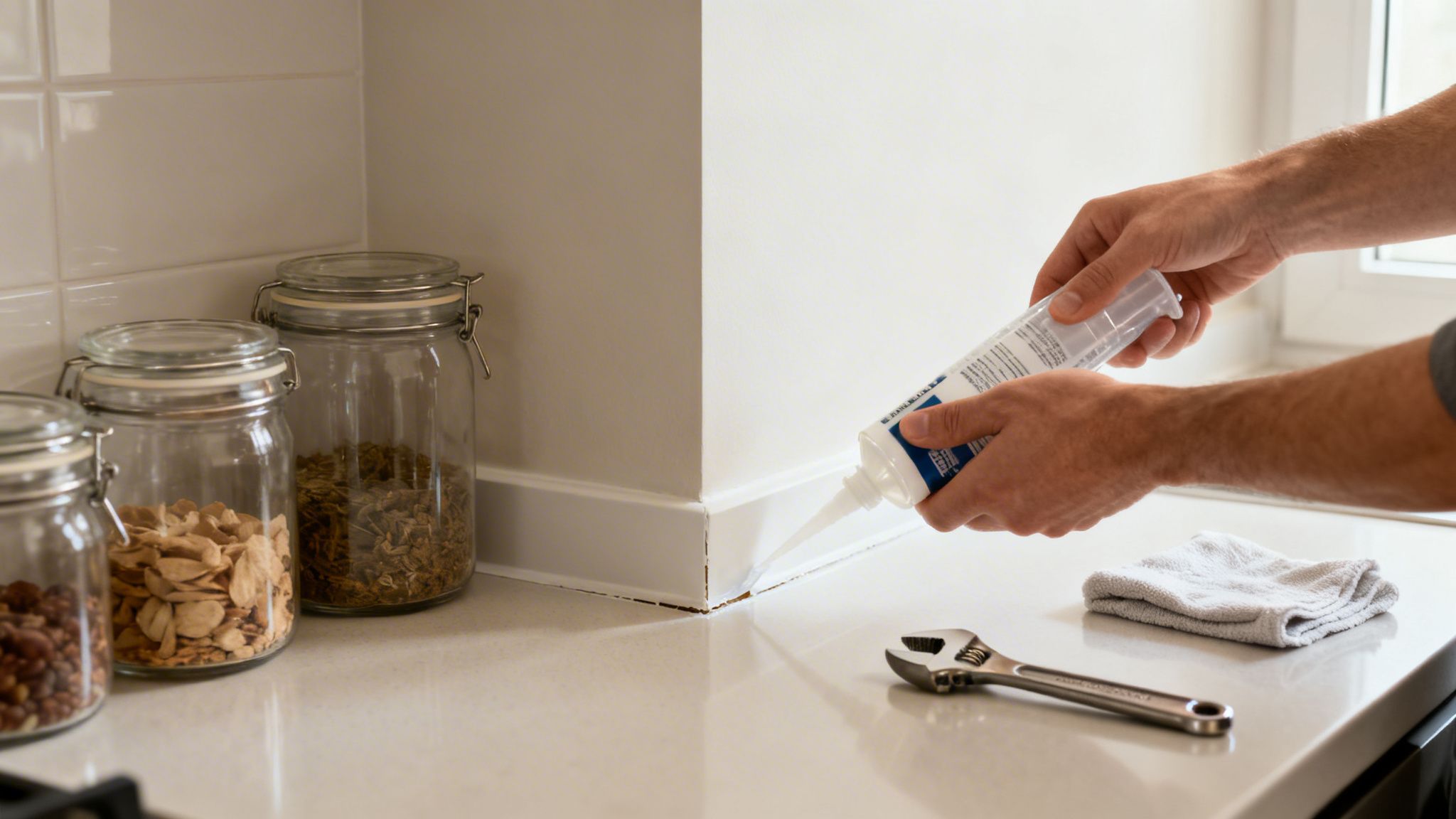 A person's hands apply white caulk to seal a gap between a wall and a kitchen countertop.
