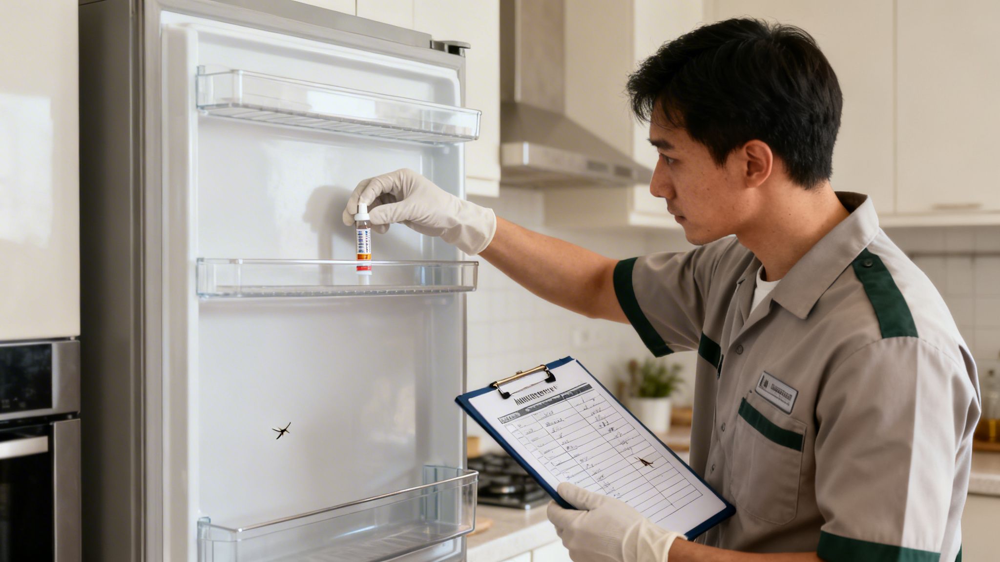 A professional pest control technician inspecting an empty refrigerator with a cockroach present.