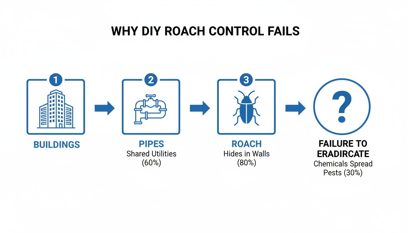 Infographic explaining reasons why DIY roach control fails, detailing pest spread and hiding.