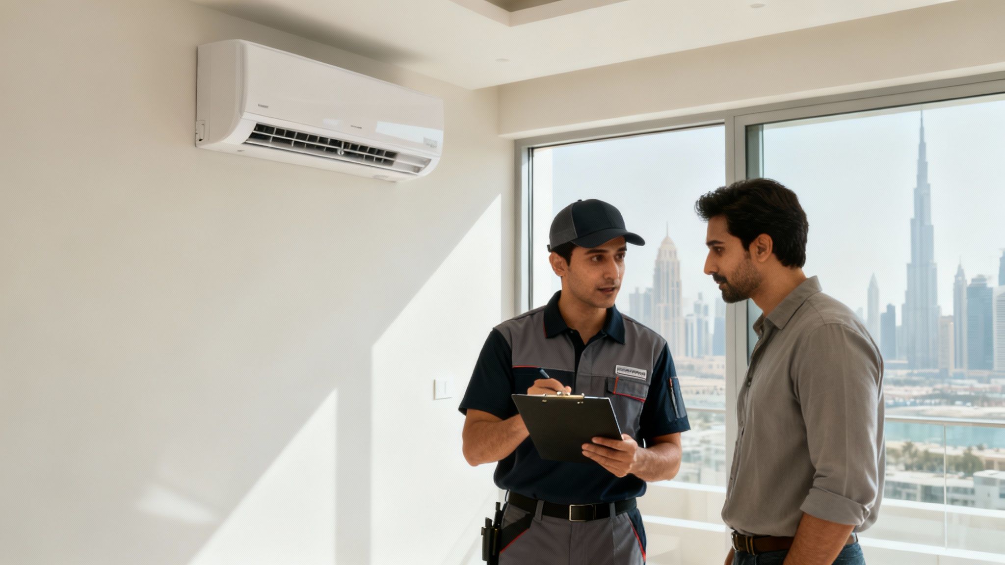 Technician installing an air conditioner unit on a wall