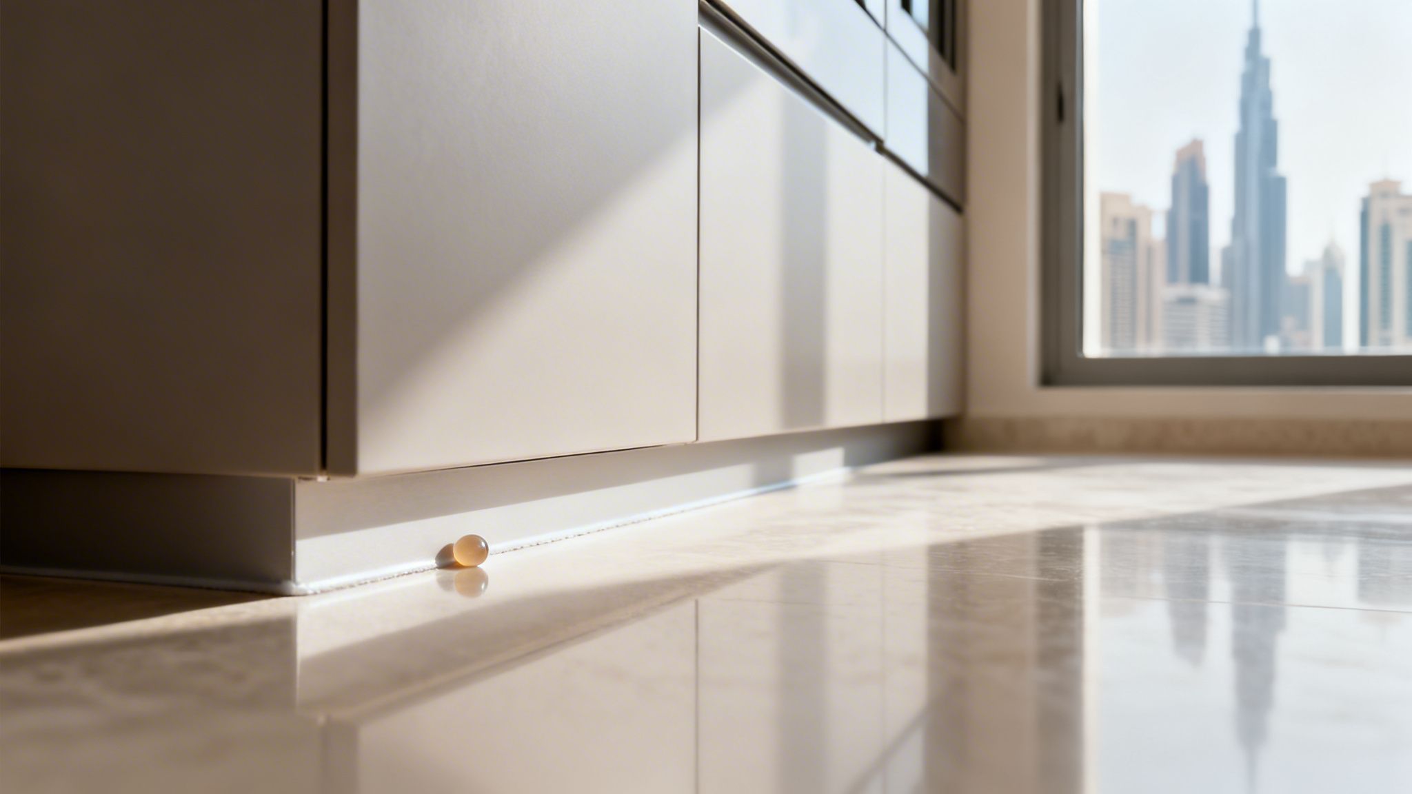 A small, translucent, round object on a clean, tiled floor next to modern kitchen cabinets with city view.