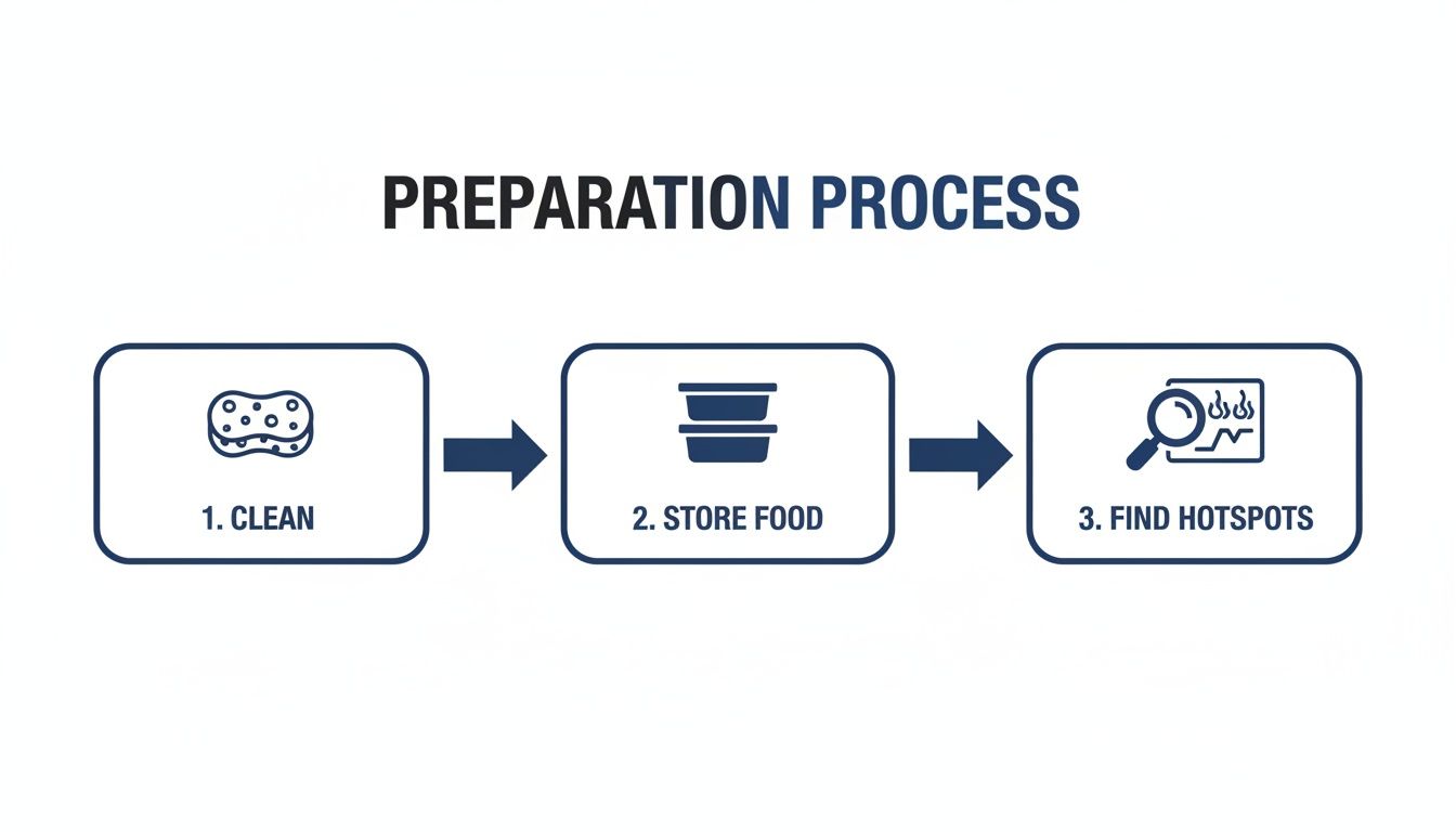 A three-step preparation process flowchart with icons for cleaning, storing food, and finding hotspots.
