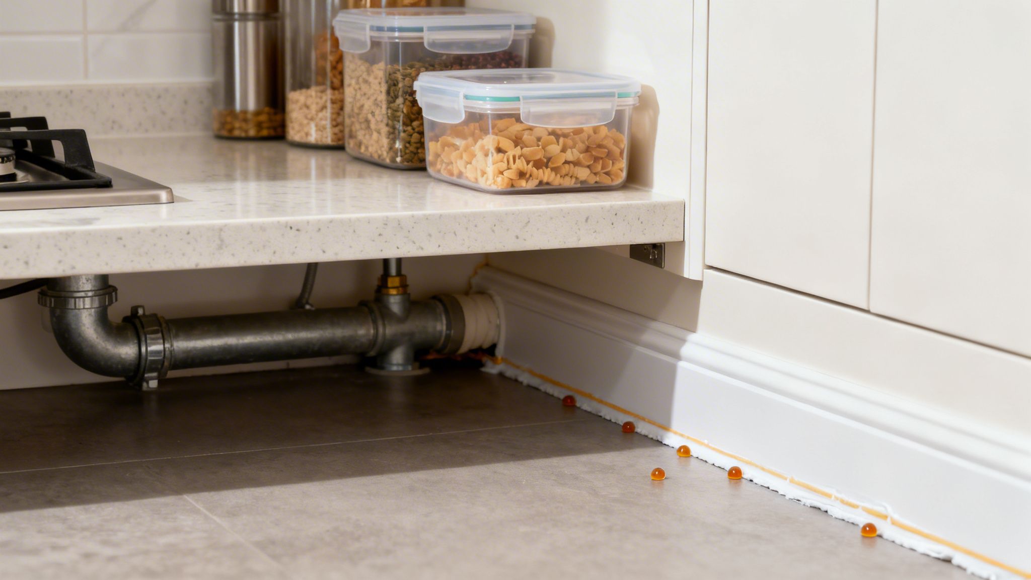 Kitchen counter with storage containers, stove, plumbing, and cockroach bait gel on the floor.