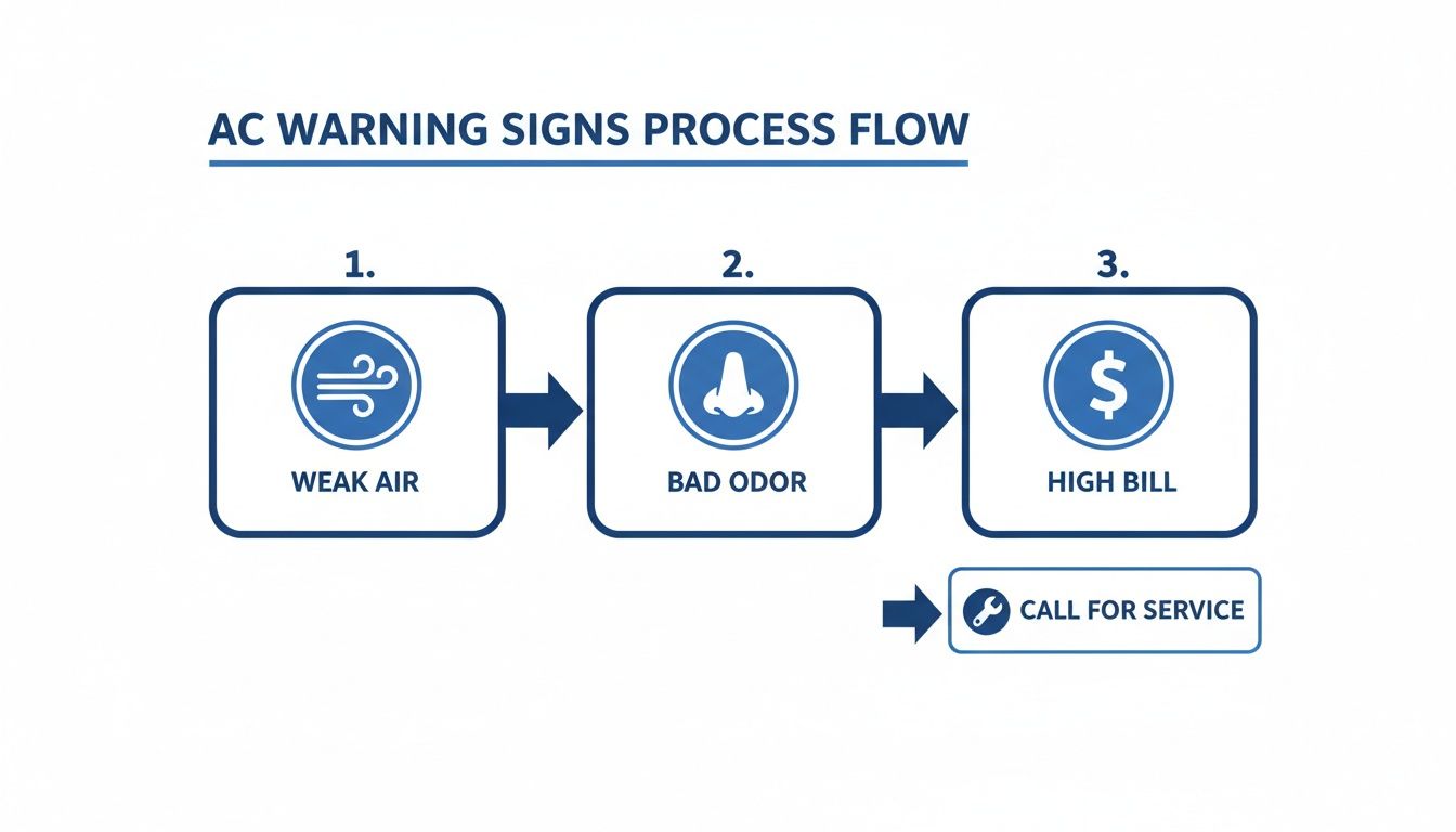 Flowchart illustrating AC warning signs: weak air, bad odor, high bill, and call for service.